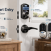Veise smart door lock collection displayed in a bright modern entryway, featuring keypad locks, fingerprint smart locks, app control, key fobs, traditional keyed hardware, and multiple home security solutions.
