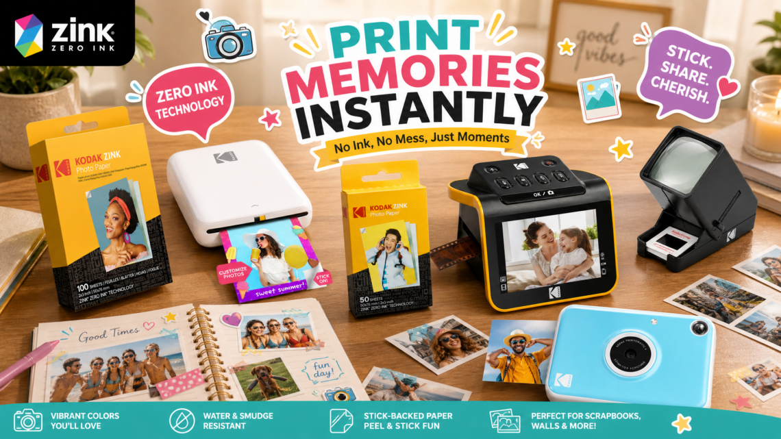 Panorama of Kodak's full line of ZINK zero ink instant photo printers, papers, scanners, and cameras, highlighting water and smudge resistance, sticky-back function, and perfect for scrapbooks.