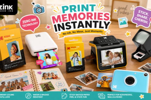 Panorama of Kodak's full line of ZINK zero ink instant photo printers, papers, scanners, and cameras, highlighting water and smudge resistance, sticky-back function, and perfect for scrapbooks.