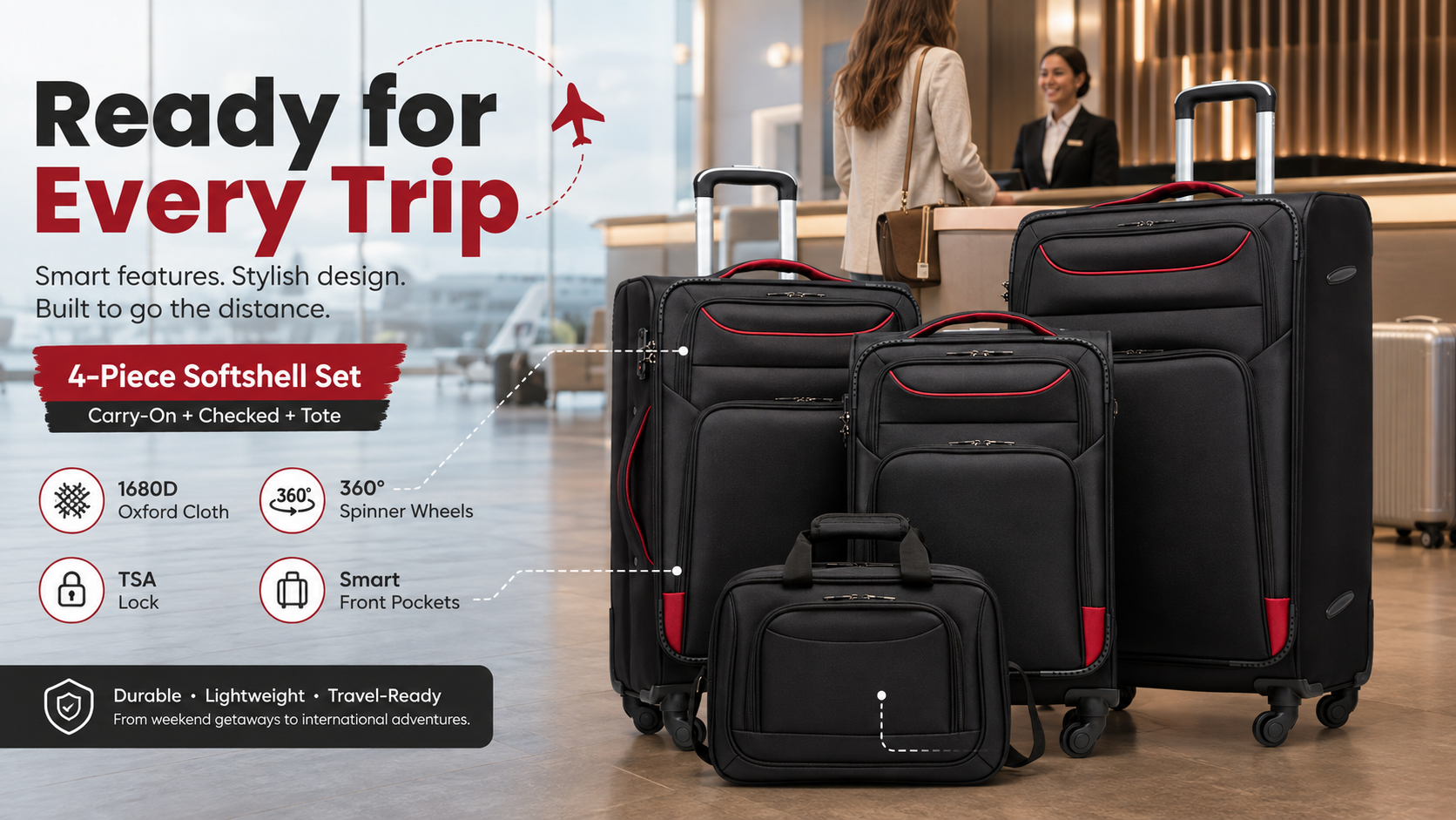 Coolife black 4-piece softshell luggage set with red accents in a modern hotel lobby, featuring spinner wheels, TSA lock, Oxford cloth construction, front pockets, and matching travel tote.
