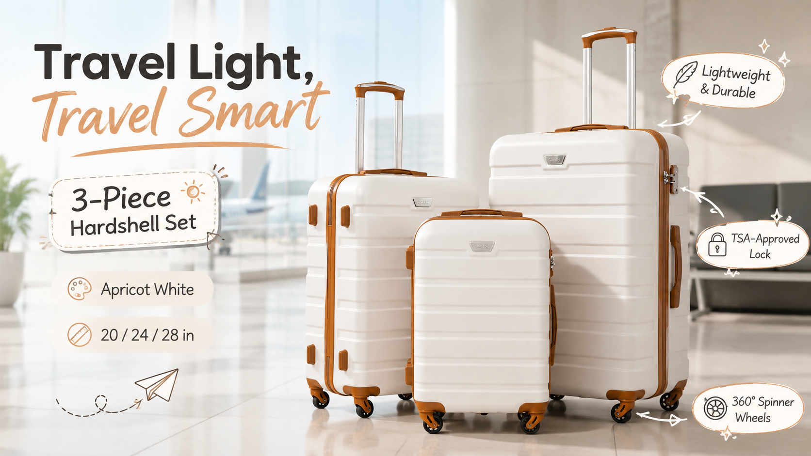 Coolife apricot-white 3-piece hardshell luggage set in a bright airport lounge, featuring 20, 24 and 28-inch suitcases, TSA-approved locks, lightweight construction, and 360° spinner wheels.