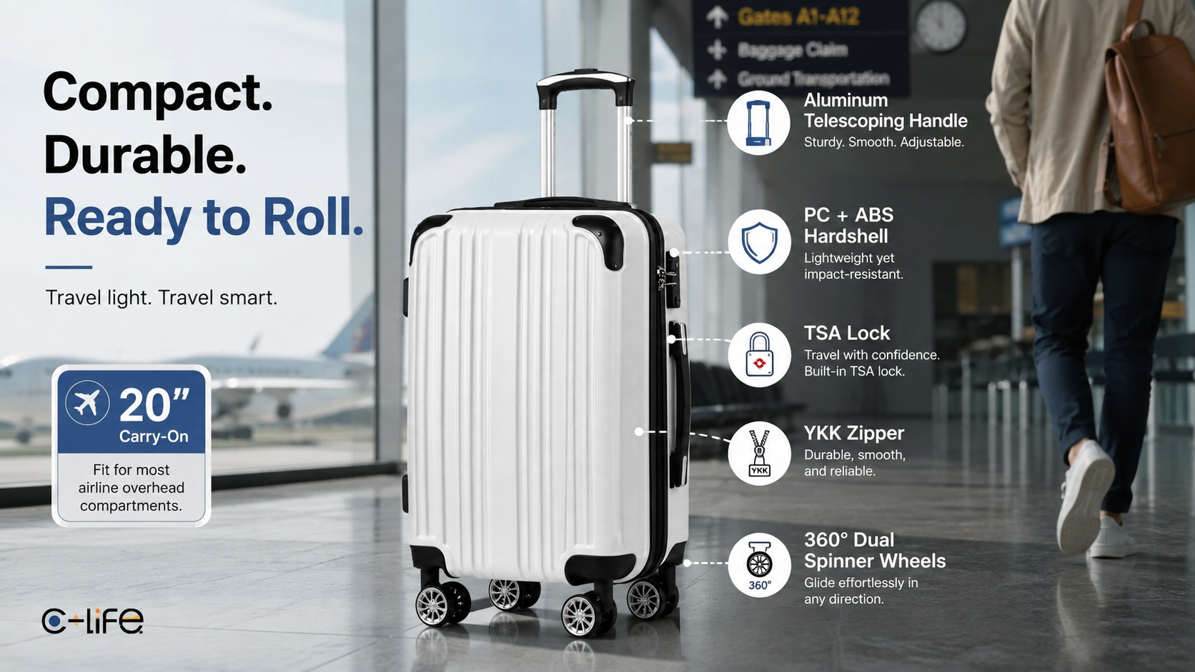Coolife white 20-inch carry-on suitcase with black corner guards in an airport terminal, highlighting PC+ABS hardshell, TSA lock, YKK zipper, aluminum telescoping handle, and dual spinner wheels.
