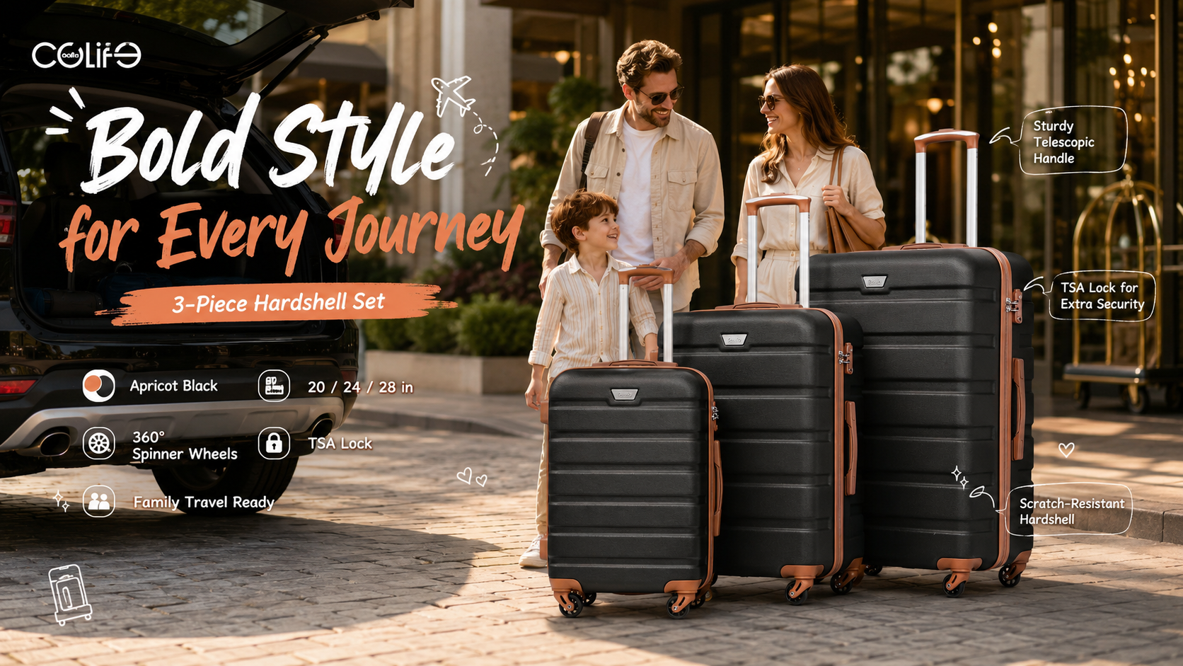 Coolife apricot-black 3-piece hardshell luggage set beside a traveling family outside a hotel, featuring 20, 24 and 28-inch cases, TSA locks, telescoping handles, and 360° spinner wheels.