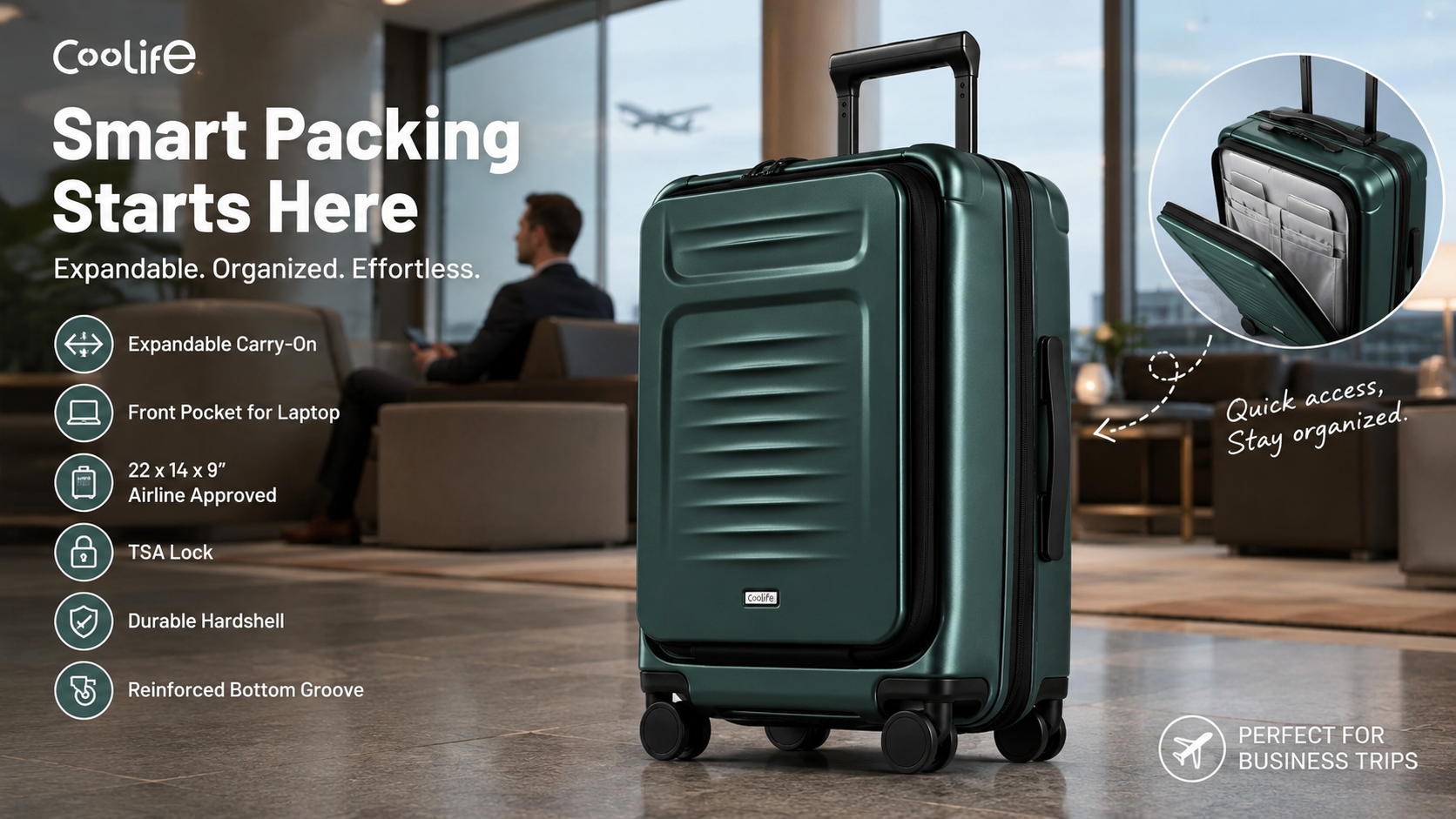 Coolife dark green expandable carry-on suitcase in an airport business lounge, featuring a front-opening laptop compartment, TSA lock, durable hardshell, reinforced bottom, and spinner wheels.