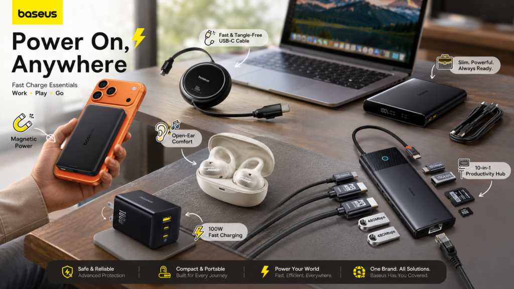 Baseus tech essentials displayed in a modern workspace, including a magnetic power bank, retractable USB-C cable, open-ear earbuds, 100W charger, portable power bank, and 10-in-1 USB-C hub with feature callouts.