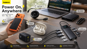 Baseus tech essentials displayed in a modern workspace, including a magnetic power bank, retractable USB-C cable, open-ear earbuds, 100W charger, portable power bank, and 10-in-1 USB-C hub with feature callouts.