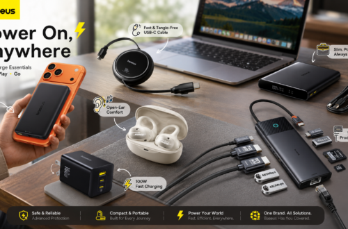 Baseus tech essentials displayed in a modern workspace, including a magnetic power bank, retractable USB-C cable, open-ear earbuds, 100W charger, portable power bank, and 10-in-1 USB-C hub with feature callouts.