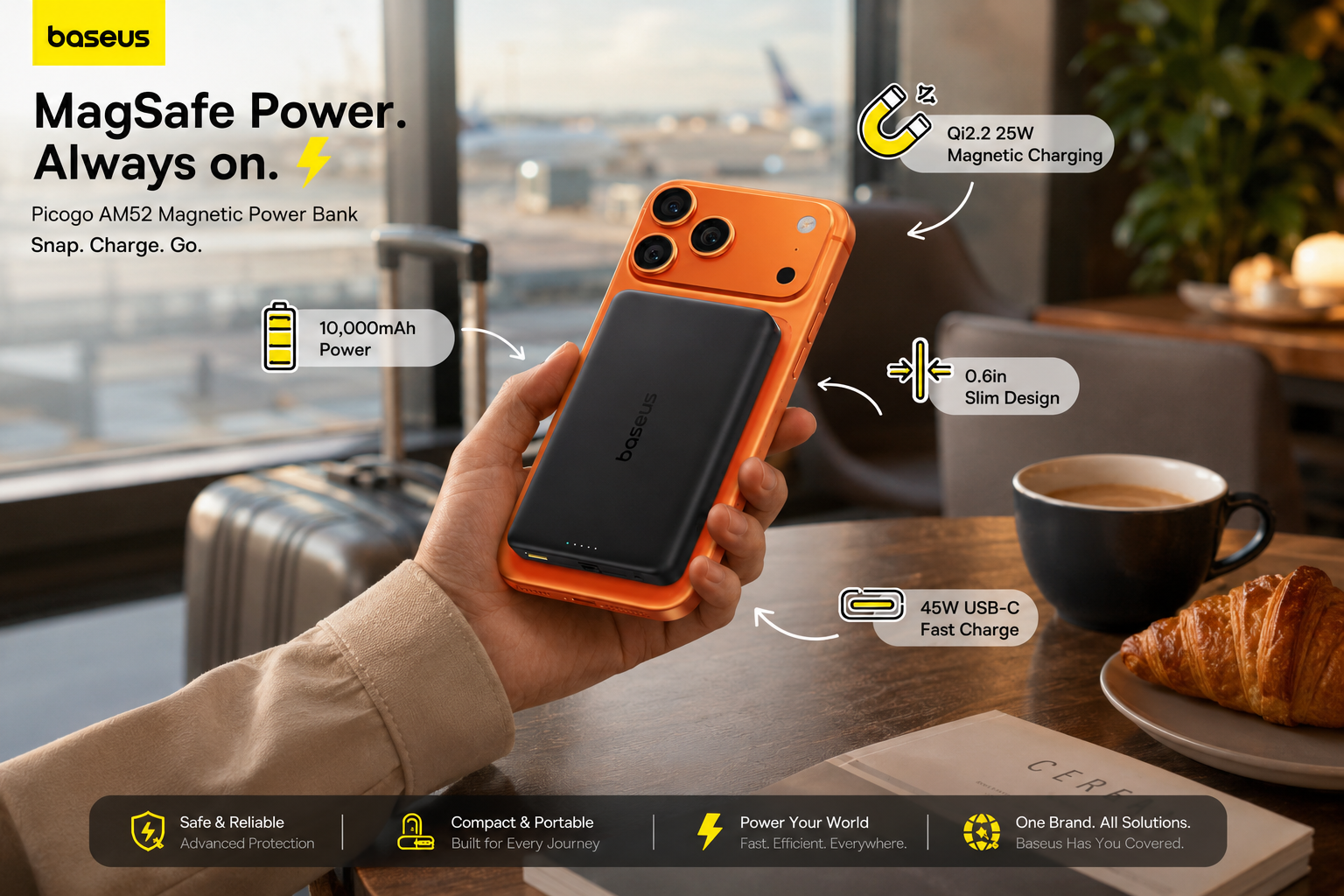 Baseus Picogo AM52 magnetic power bank attached to an orange smartphone in an airport lounge, highlighting Qi2.2 25W magnetic charging, 10,000mAh capacity, slim design, and 45W USB-C fast charging.