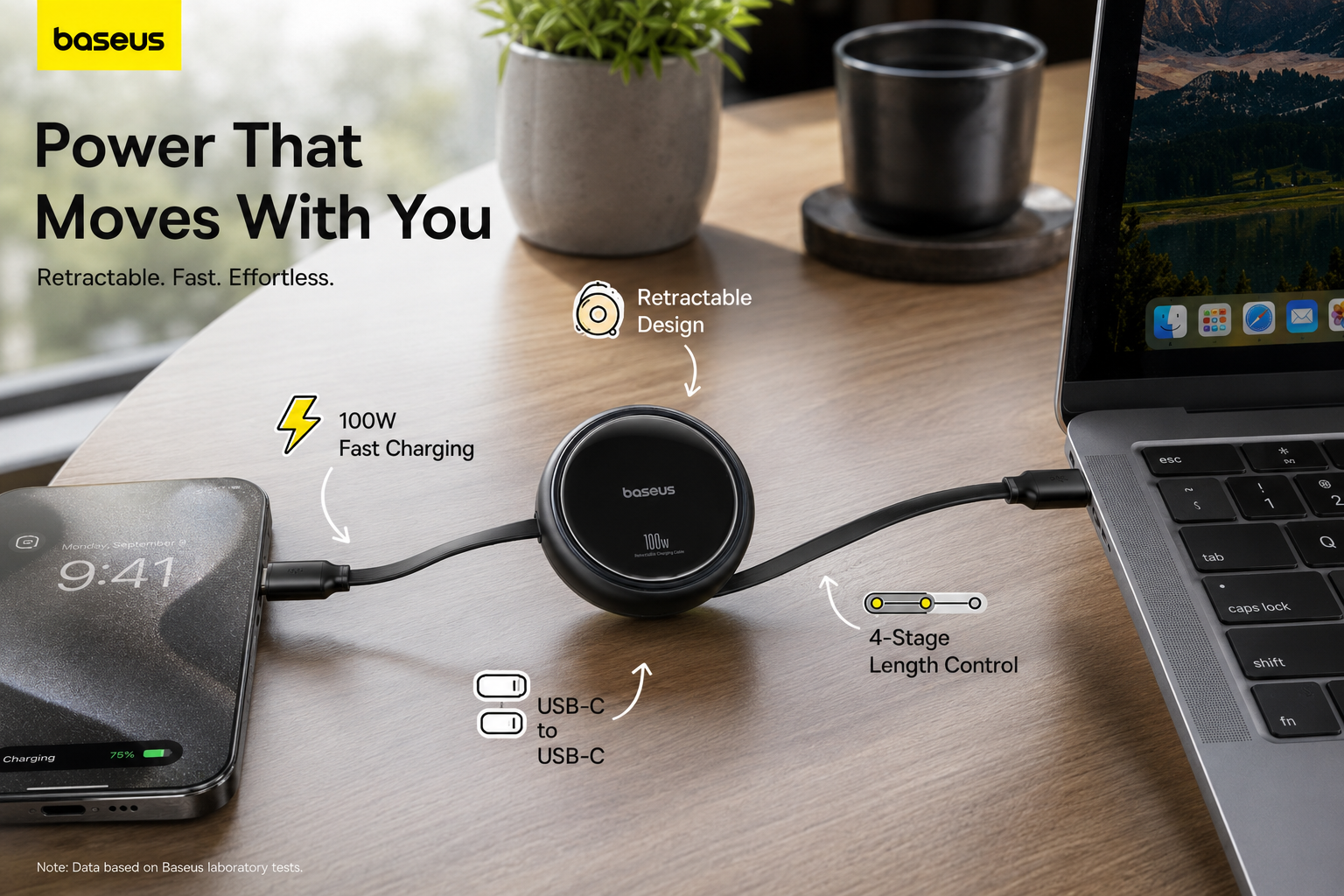 Baseus black retractable USB-C cable connecting a smartphone and laptop on a wooden desk, with callouts for 100W fast charging, retractable design, four-stage length control, and USB-C to USB-C connectivity.
