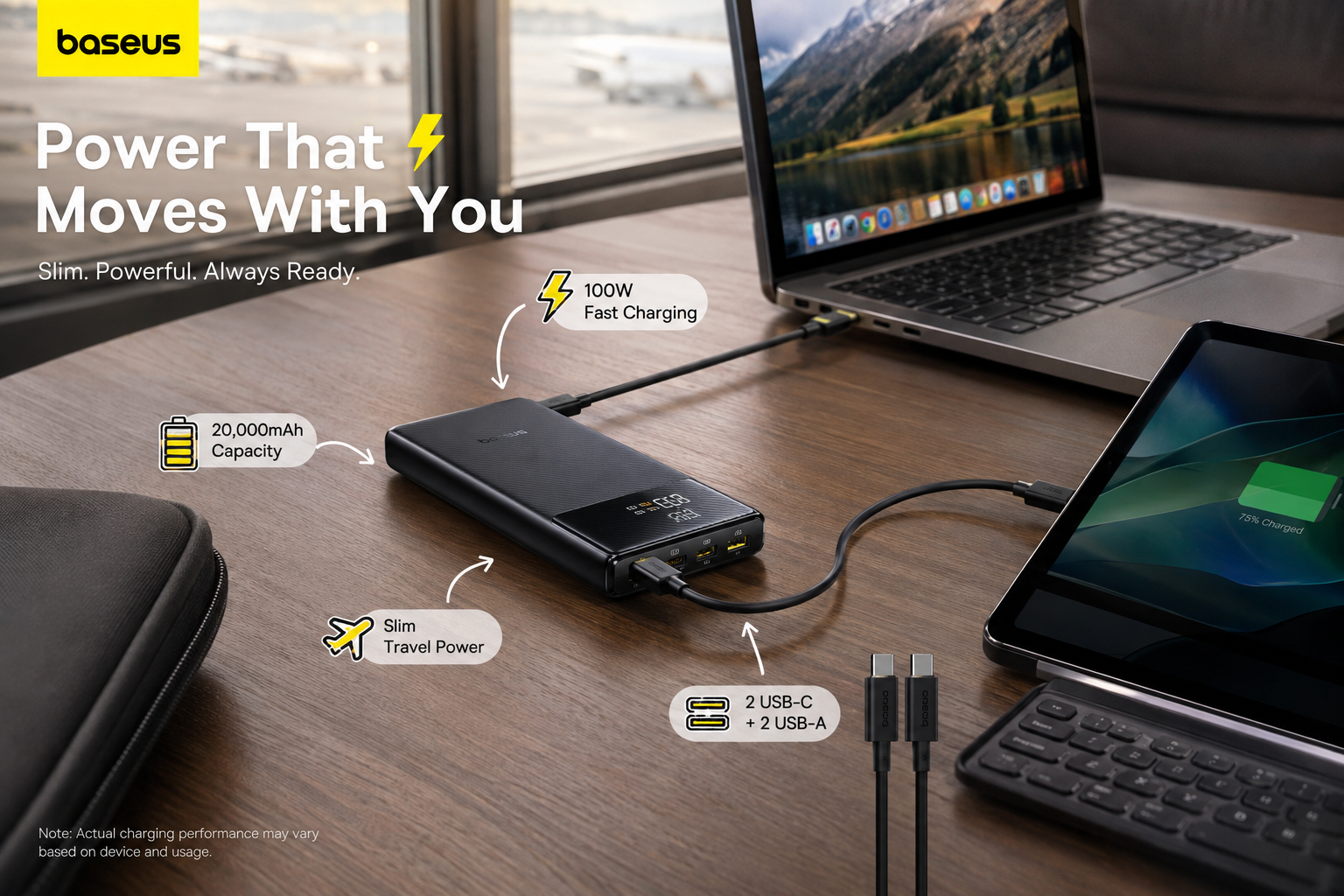 Slim Baseus 20,000mAh portable power bank charging a laptop and tablet in a travel workspace, with feature labels highlighting 100W fast charging, slim portability, and dual USB-C plus dual USB-A ports.