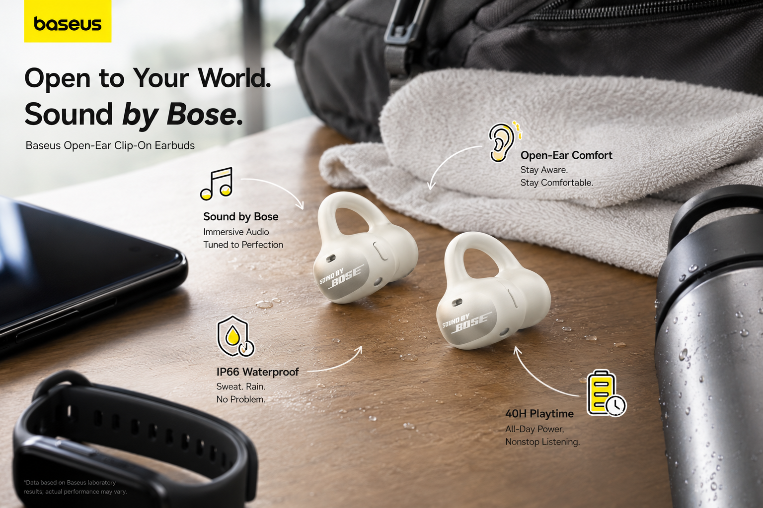 White Baseus Inspire XC1 open-ear clip-on earbuds displayed in an active lifestyle setting with a towel and water bottle, highlighting Sound by Bose, open-ear comfort, IP66 water resistance, and 40-hour playtime.