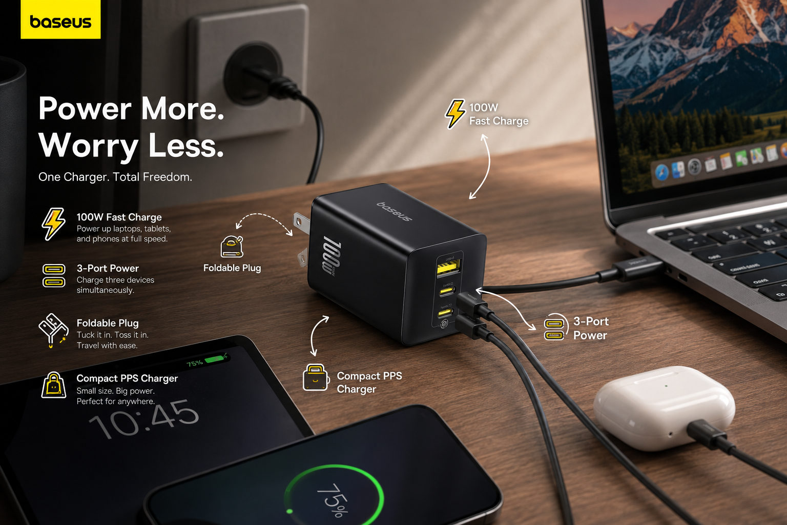 Compact black Baseus 100W three-port wall charger powering multiple devices on a desk, featuring a foldable plug, PPS fast charging, three charging ports, and connections to a laptop, phone, and earbuds.