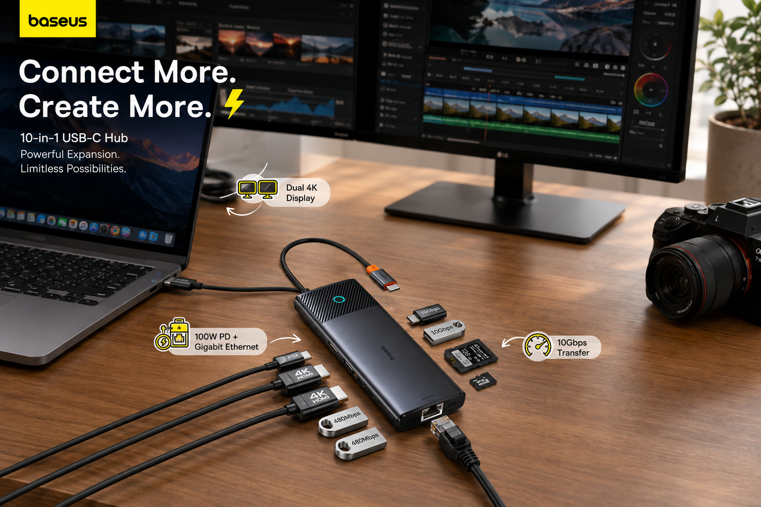 Baseus 10-in-1 USB-C hub connected to a laptop and creator workstation with dual monitors, HDMI cables, Ethernet, SD cards, and adapters, highlighting dual 4K display, 10Gbps transfer, and 100W PD.