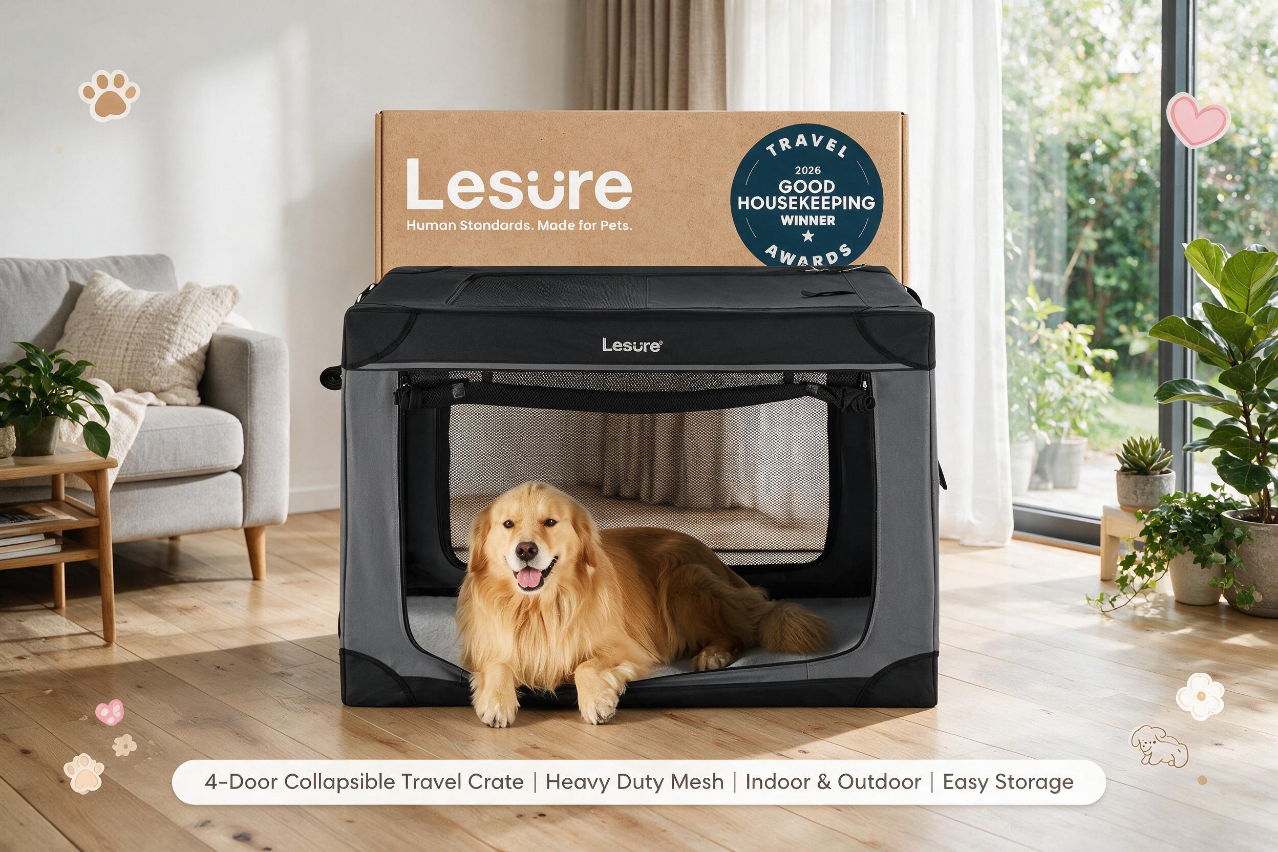 Lesure soft-sided pet travel crate displayed in a cozy living room, featuring a happy golden retriever resting inside a black collapsible dog crate with mesh panels, highlighting 4-door access, indoor and outdoor use, and easy storage design.