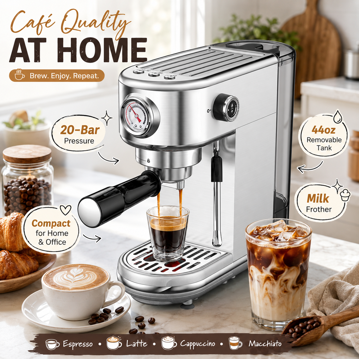 Silver compact espresso machine brewing fresh espresso in a bright home kitchen, surrounded by latte, iced coffee, pastries and coffee beans, with callouts for 20-bar pressure, 44oz removable tank and milk frother.