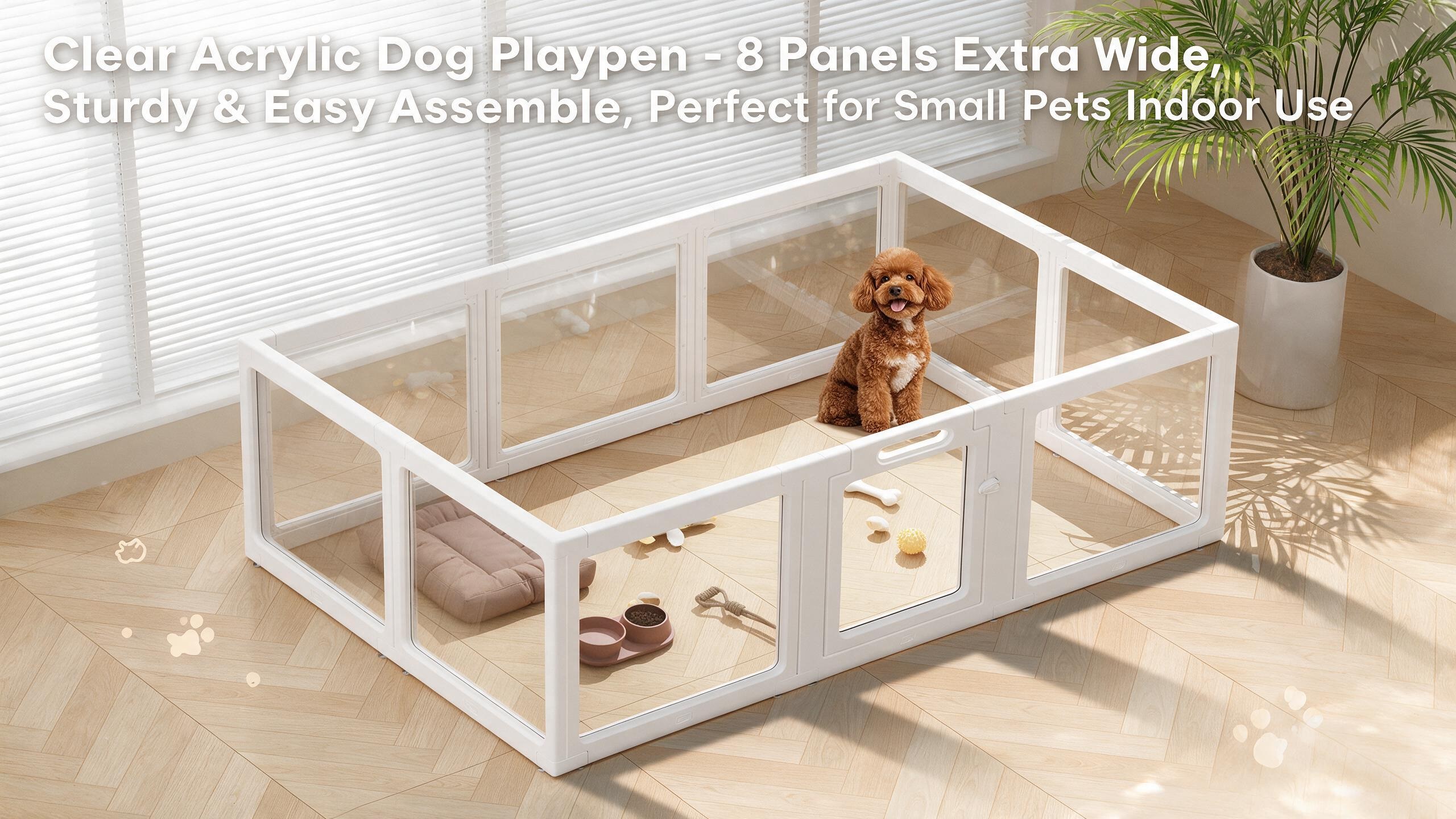 Clear acrylic dog playpen with 8 white panels in a bright indoor living space, featuring a small puppy inside. Transparent panels provide visibility and safety while creating a spacious pet activity area for small dogs and cats.