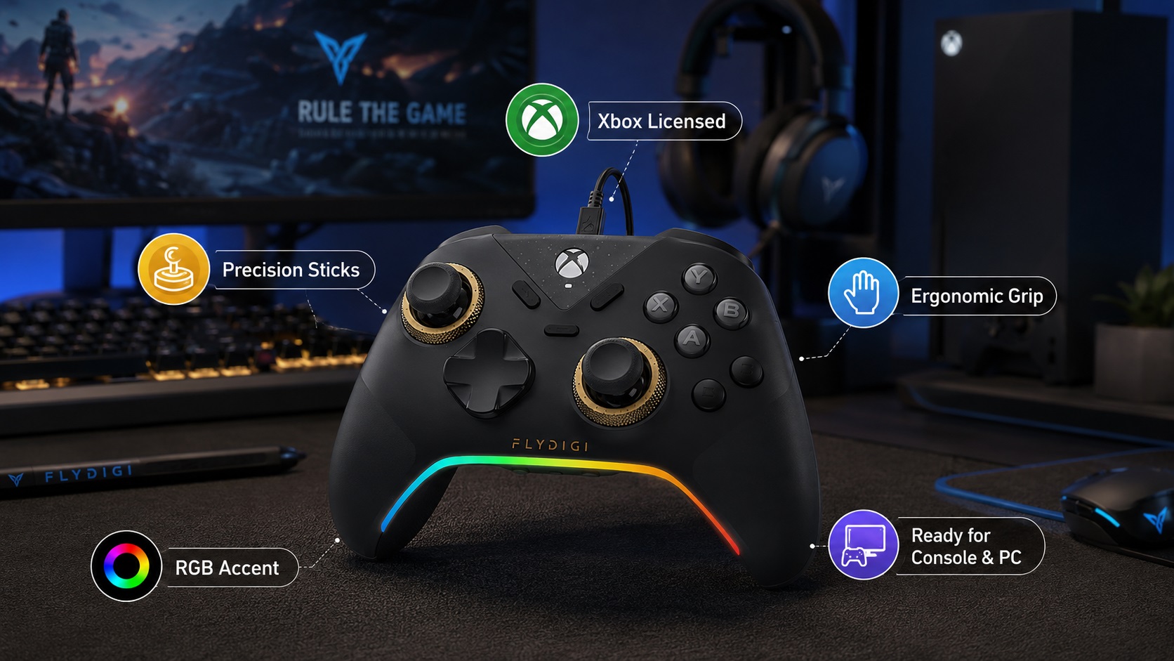 FLYDIGI black gaming controller showcased in a premium esports desk setup, featuring a matte black body, gold joystick rings, and colorful RGB accent lighting. The image highlights features with graphic callouts including Xbox Licensed, Precision Sticks, Ergonomic Grip, RGB Accent, and Ready for Console & PC, surrounded by a modern gaming monitor, keyboard, and headset environment.