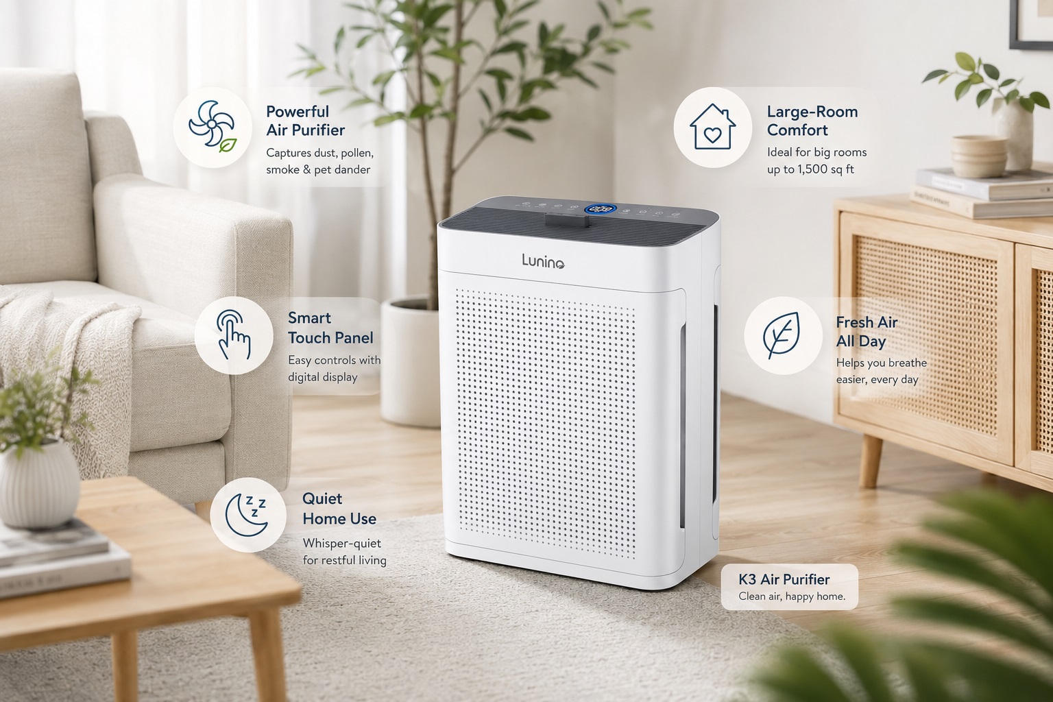 Lunino K3 air purifier displayed in a modern living room with clean lifestyle design. The white purifier features a smart touch control panel, powerful air purification system, and quiet operation highlights with feature icons around the product.