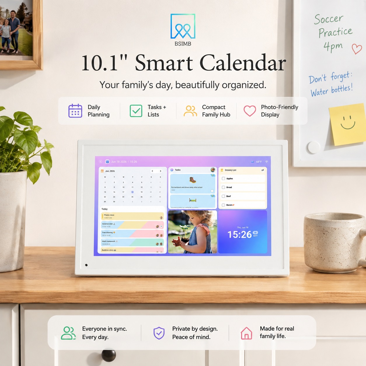 BSIMB 10.1-inch smart digital calendar displayed in a cozy home setting, featuring a white touchscreen with family schedules, task lists, grocery reminders, and photo display. The image highlights daily planning, task management, family hub, and photo-friendly features for organized everyday living.