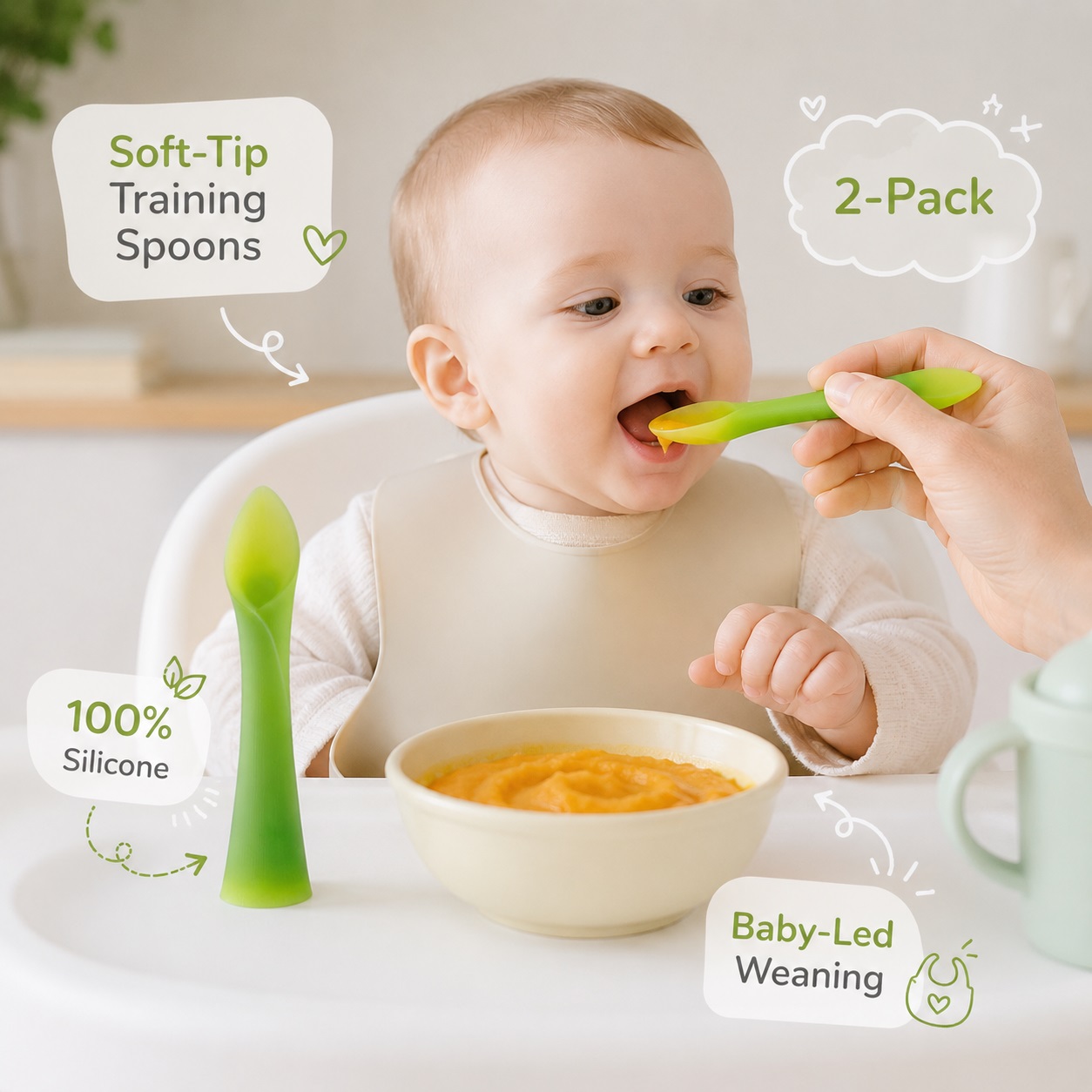 Baby using Olababy soft-tip silicone training spoons during feeding time, showcasing green two-pack spoons with flexible tips, 100% silicone material, and baby-led weaning features with cute educational callouts.