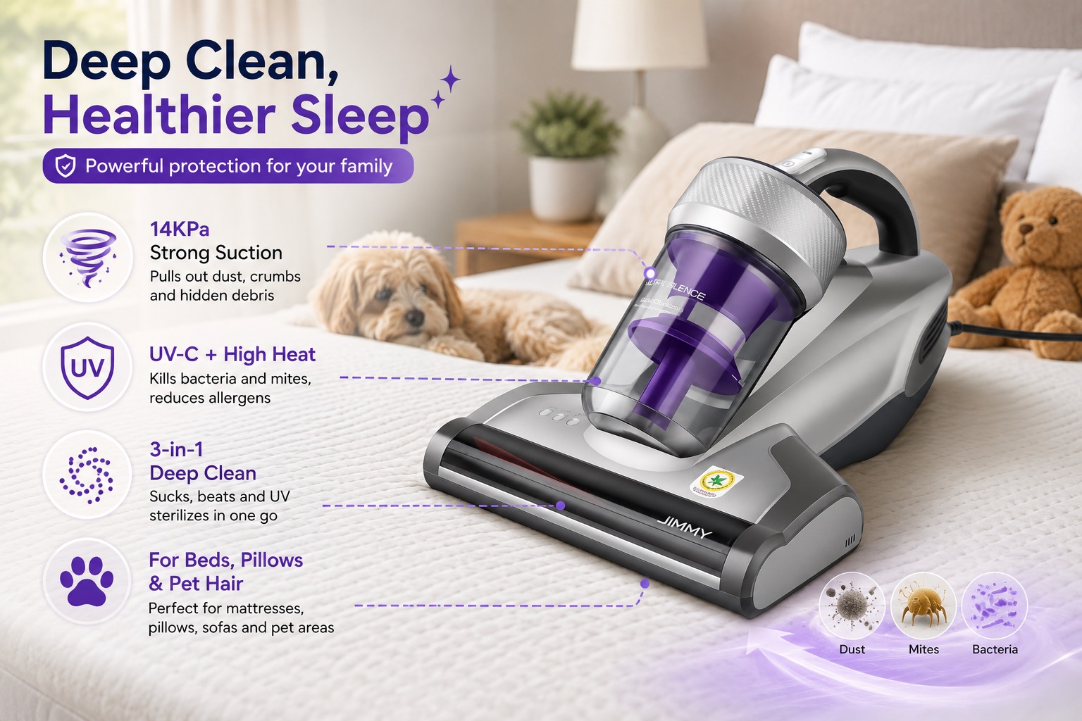 JIMMY mattress vacuum cleaner on a soft bedroom mattress, featuring a silver body with a transparent purple dust cup. The product highlights 14KPa strong suction, UV-C and high heat cleaning technology, and 3-in-1 deep cleaning performance for removing dust, mites, allergens, and hidden debris from beds, pillows, sofas, and pet areas.