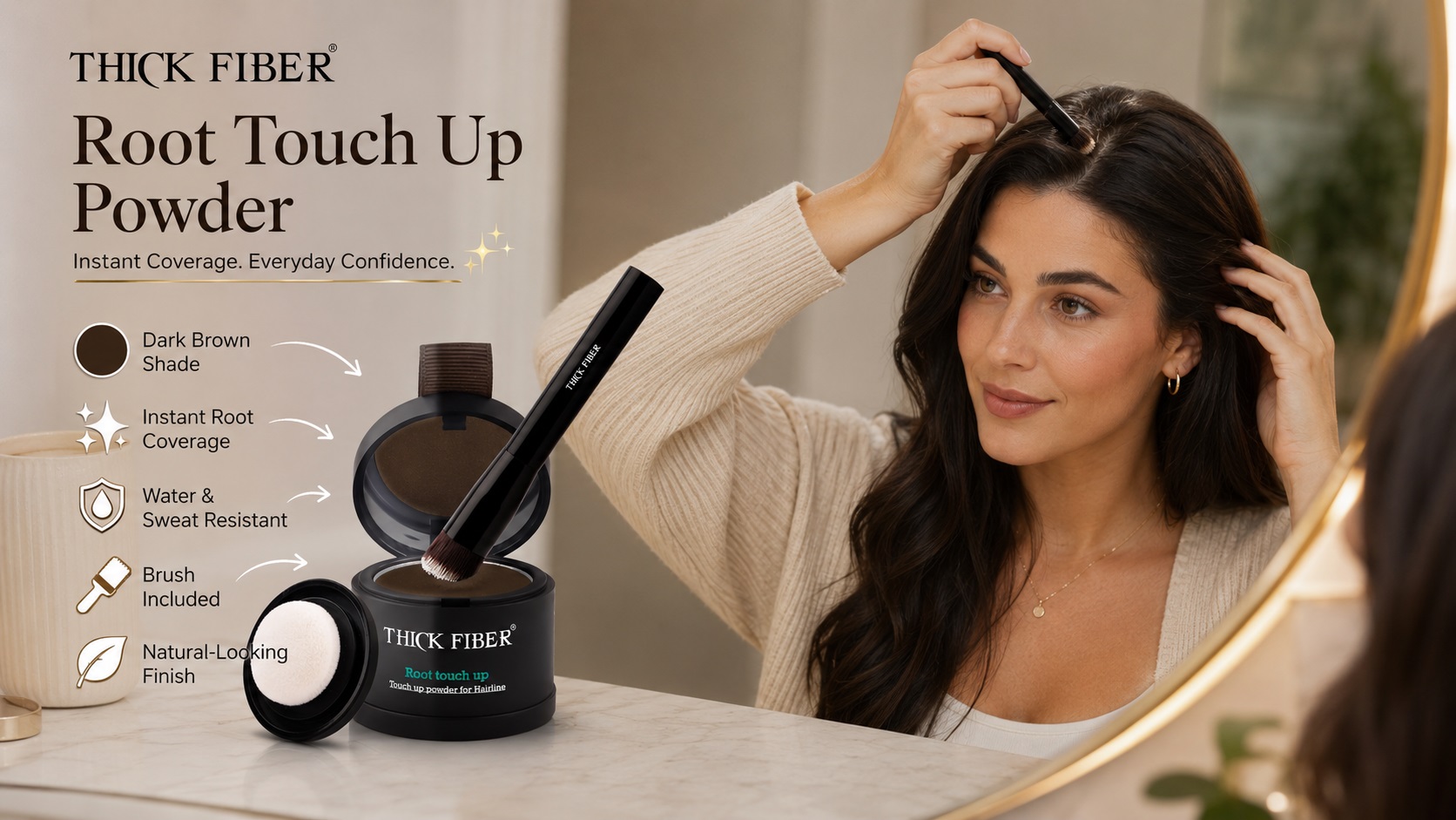 THICK FIBER Root Touch Up Powder in Dark Brown displayed on a modern bathroom vanity, featuring an open black compact with applicator brush and sponge puff. A woman applies the root touch-up powder in front of a mirror, highlighting instant root coverage, natural-looking results, water and sweat resistance, and easy everyday hair touch-ups.