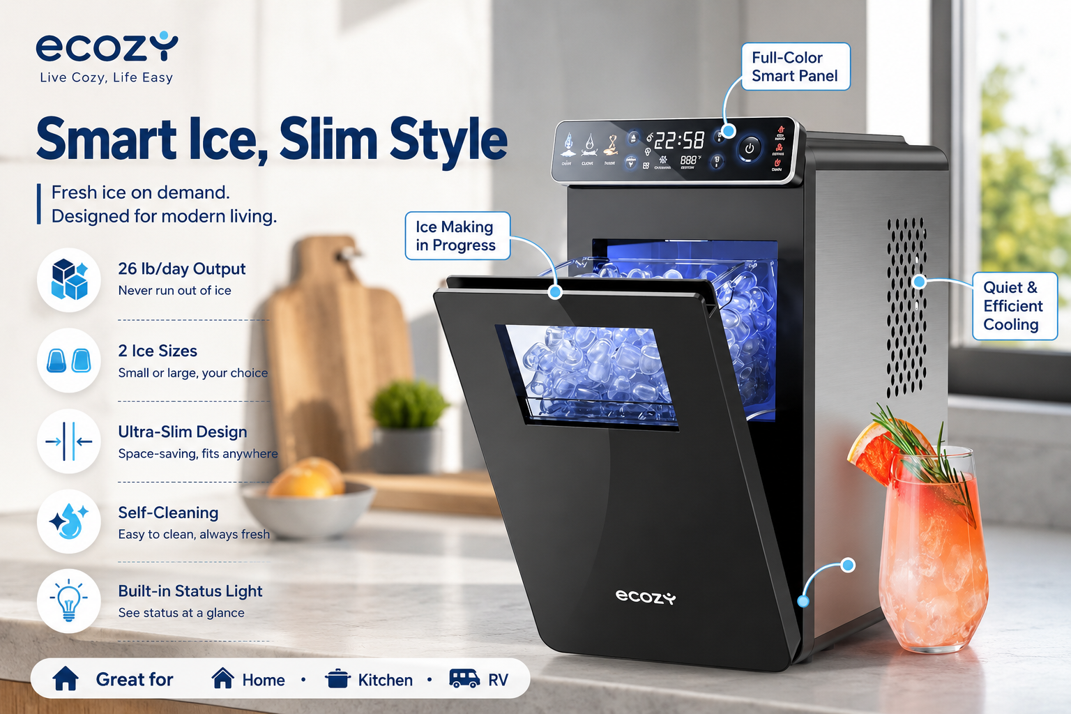 ecozy countertop ice maker in a bright modern kitchen, featuring a full-color smart panel, illuminated ice chamber, slim black-and-silver design, and a chilled citrus drink, with feature callouts for ice sizes, self-cleaning, and 26 lb/day output.