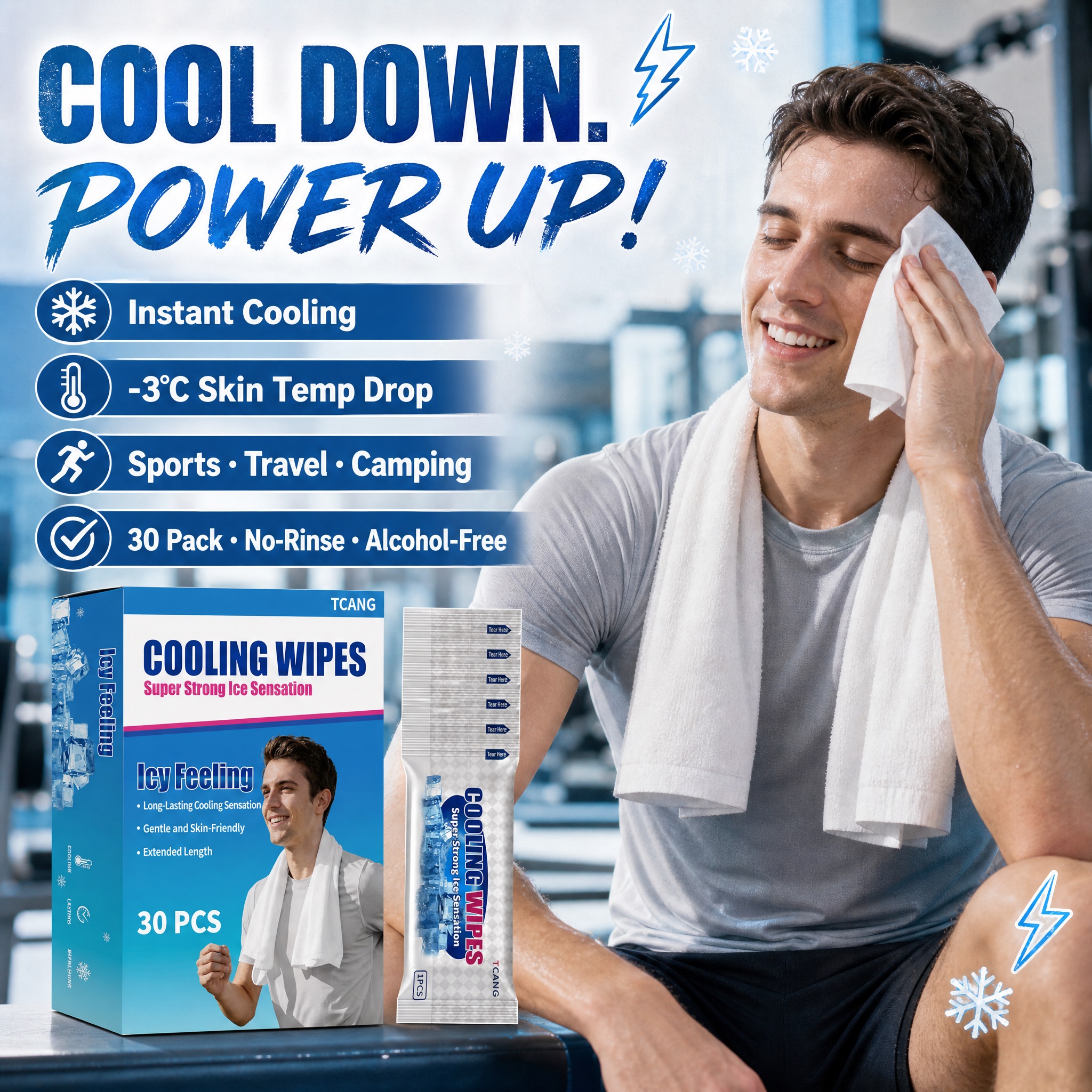 TCANG cooling wipes product showcase featuring a man refreshing himself after exercise with a cooling towel outdoors. The image highlights instant cooling, skin temperature reduction, sports, travel and camping use, individually wrapped design, and a 30-pack quantity.