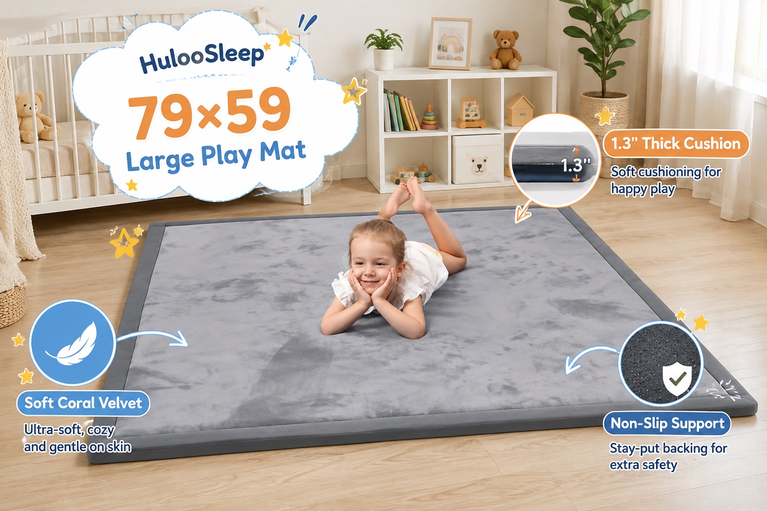 A smiling young girl lying comfortably on a HulooSleep 79x59 large grey play mat. Text overlays highlight features including a 1.3-inch thick cushion, soft coral velvet material, and a non-slip support backing.