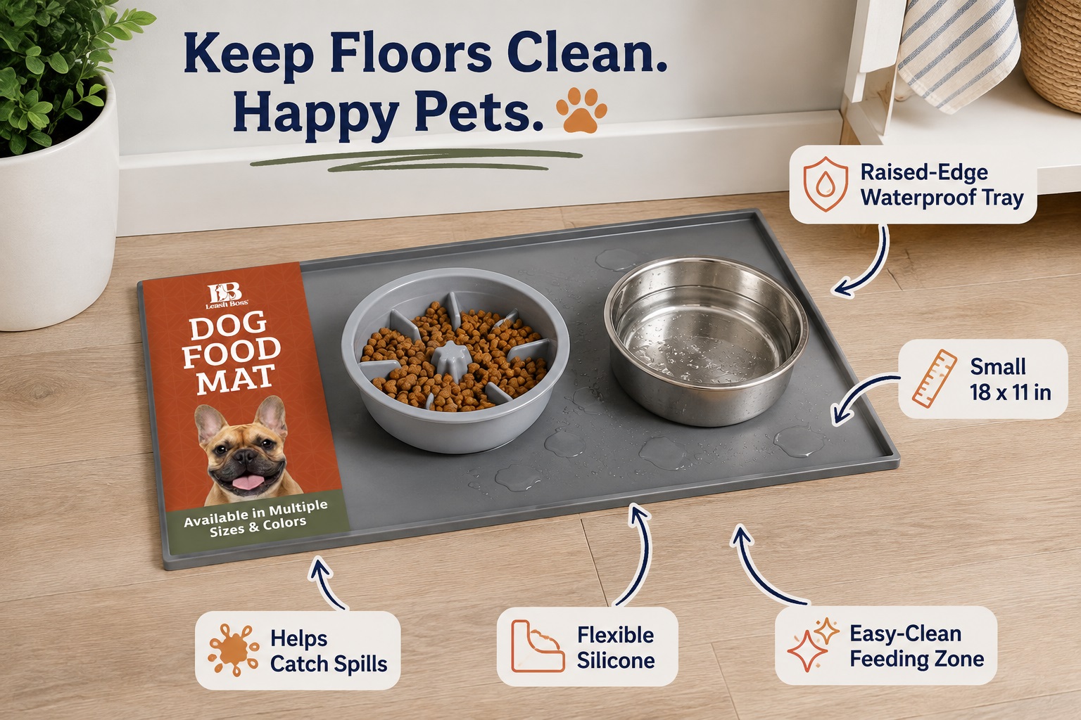 Leash Boss gray 18 x 11 in silicone dog food mat holding food and water bowls on a kitchen floor. Raised waterproof edges help catch spills, while flexible silicone supports quick, easy cleanup.