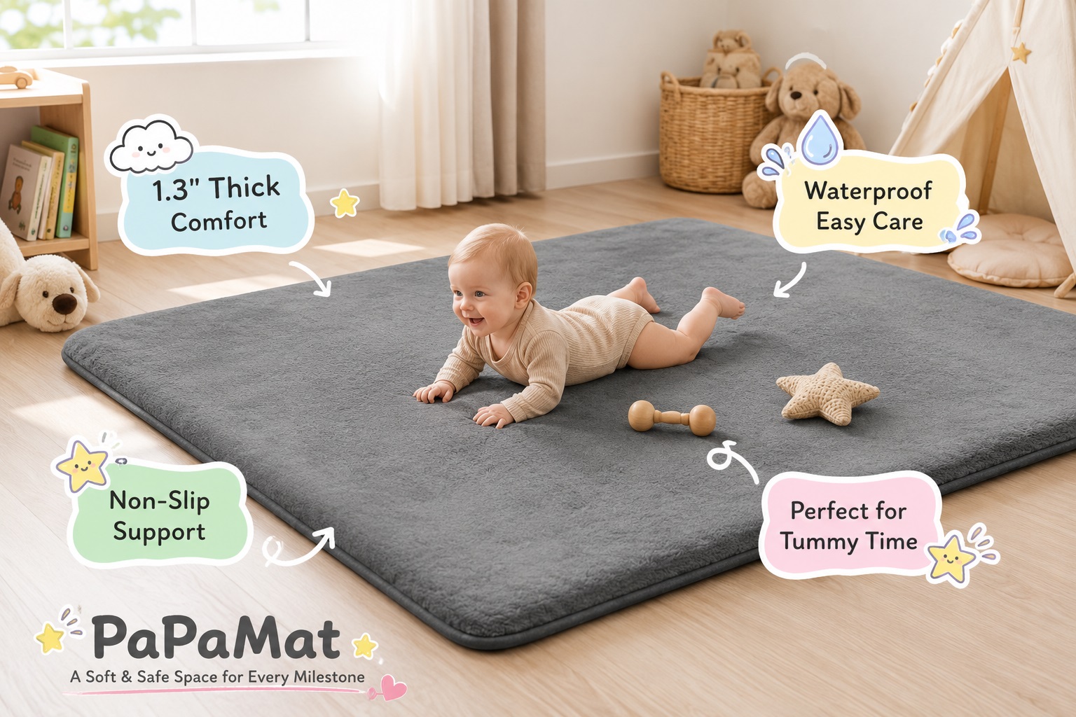 PaPaMat gray baby play mat in a bright nursery with a smiling baby enjoying tummy time. The image highlights 1.3-inch thick comfort, waterproof easy-care surface, non-slip support, and a soft play area.