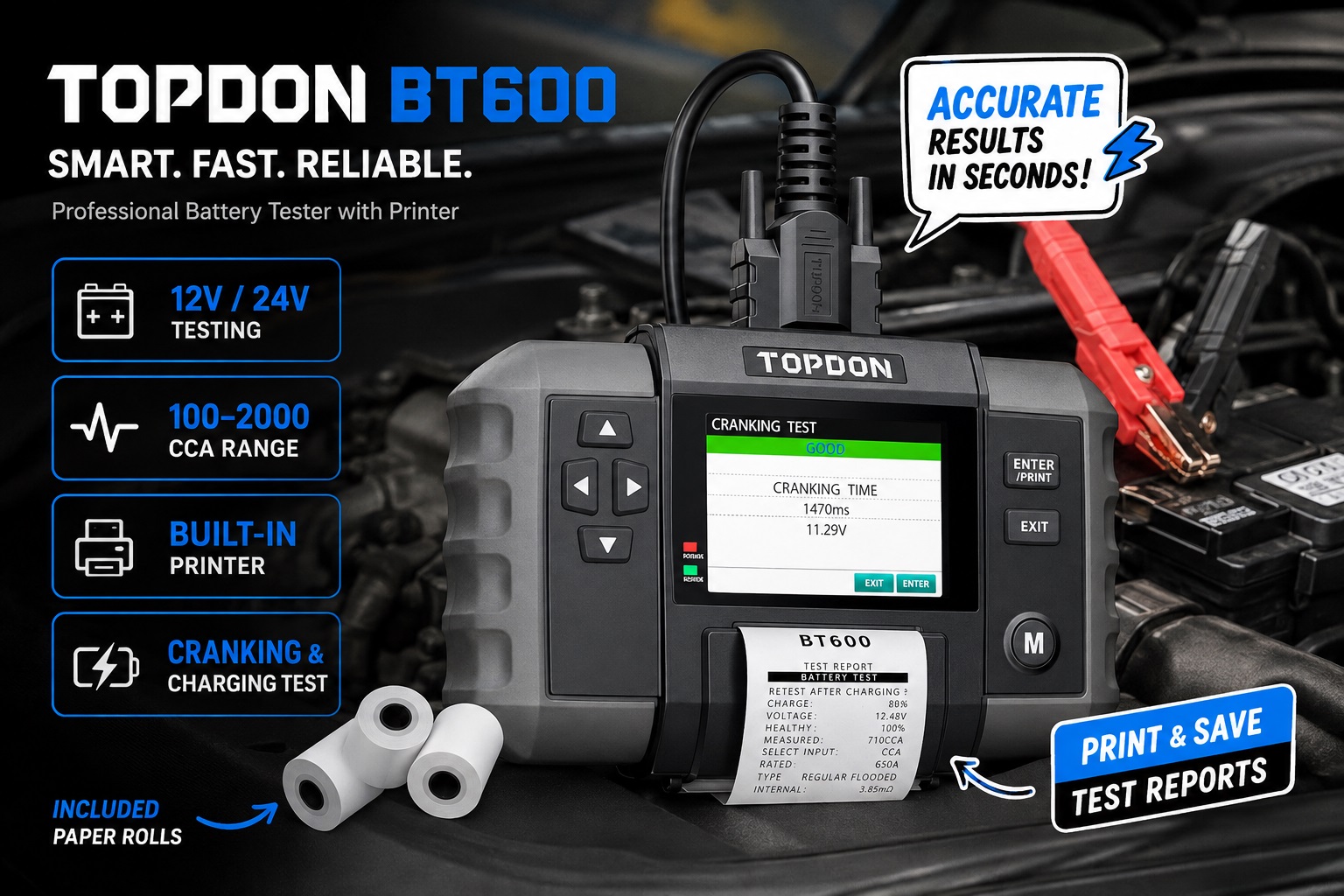 TOPDON BT600 automotive battery tester with built-in printer, battery clamps and paper rolls shown beside a car battery, highlighting 12V/24V testing, 100–2000 CCA range, and cranking and charging tests.