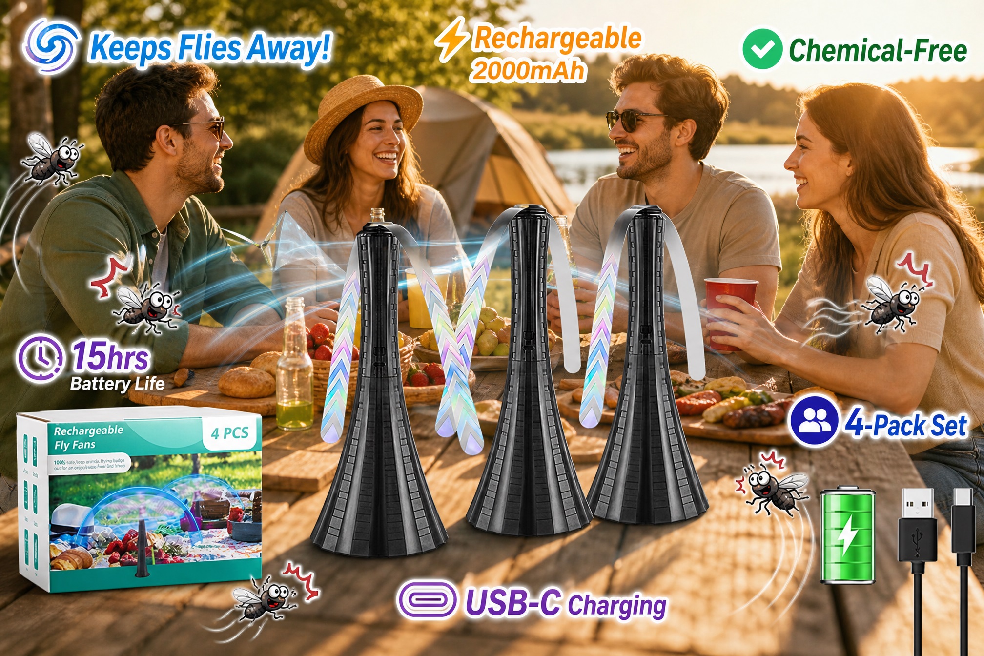 Four rechargeable fly fans on an outdoor picnic table with friends, featuring holographic spinning blades, USB-C charging, 2000mAh batteries, up to 15-hour runtime, and chemical-free fly protection.