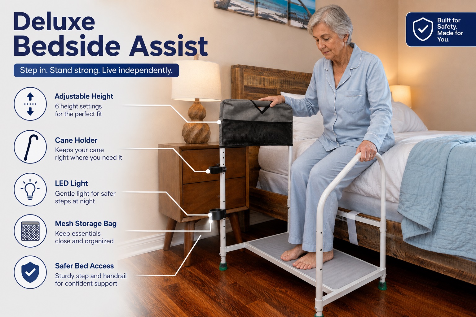 An older woman stands on a wide bedside step platform while holding a safety rail in a bright bedroom. Callouts highlight an adjustable platform, safety handle, motion sensor light, and wide-base stability.
