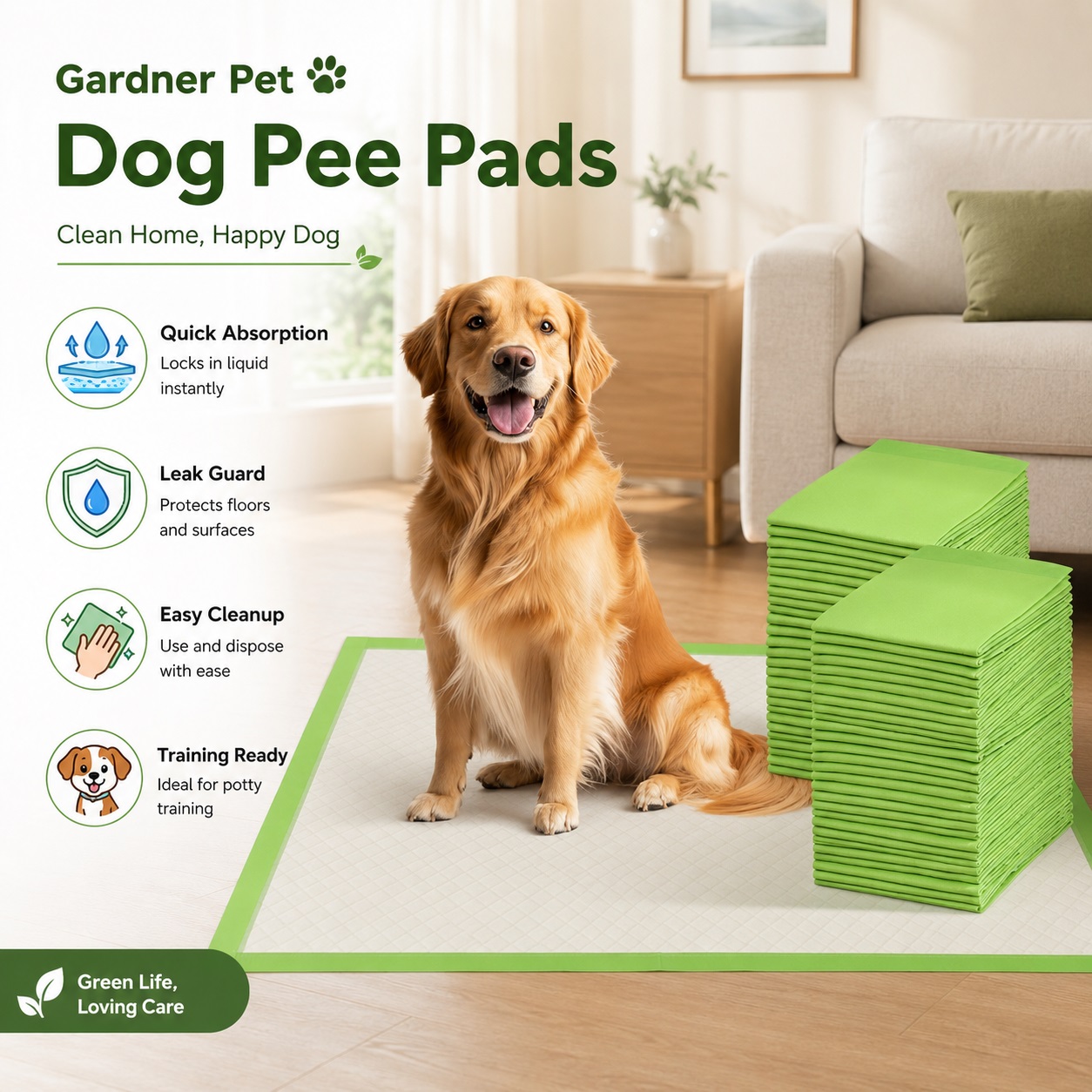Gardner Pet dog pee pads displayed in a bright home setting with a happy golden retriever sitting on the absorbent pad. The image highlights quick absorption, leak protection, easy cleanup, and potty training support with feature icons and clean lifestyle design.