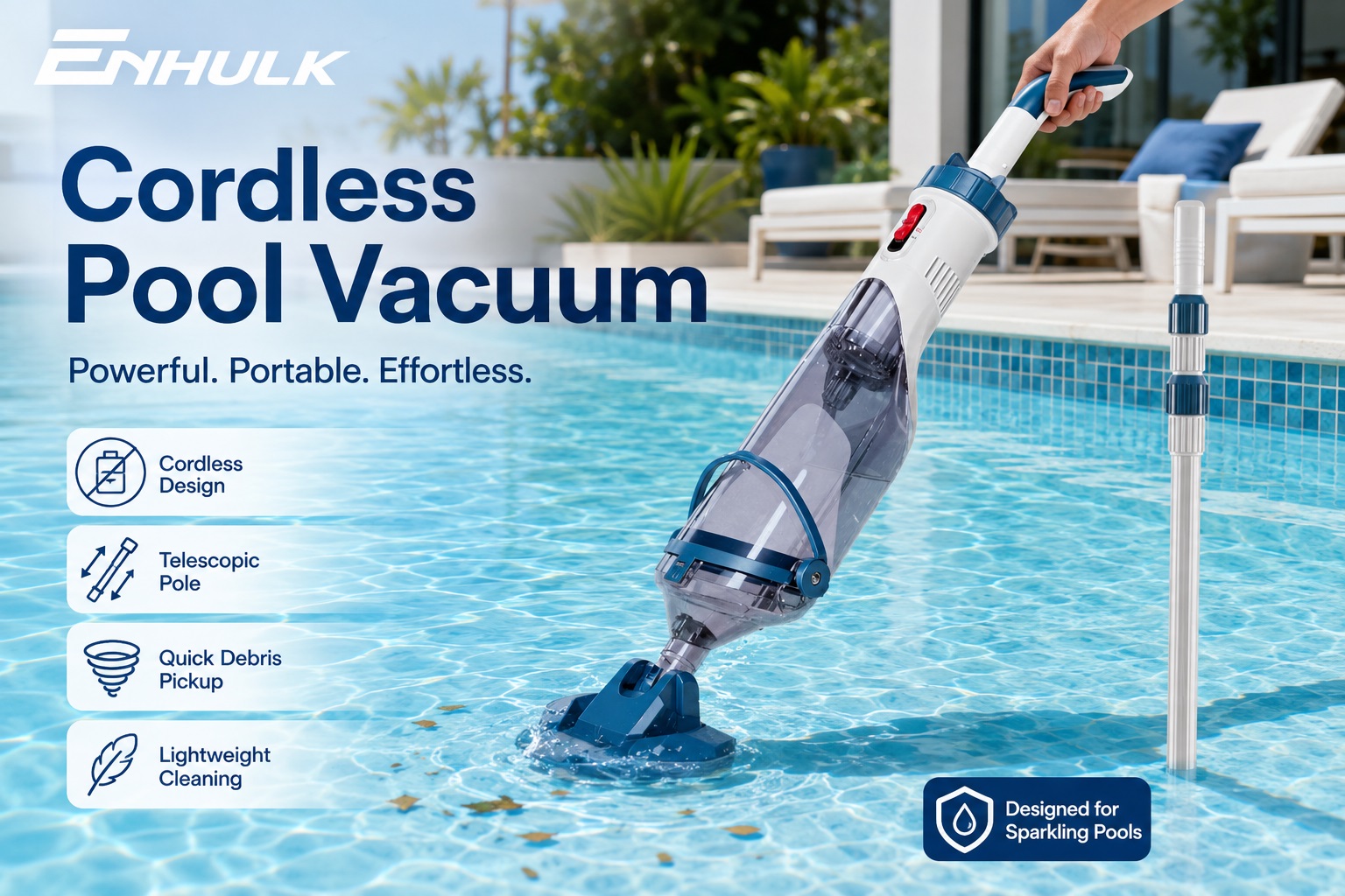 ENHULK Cordless Pool Vacuum cleaner with telescopic pole cleaning the bottom of a sunny swimming pool.