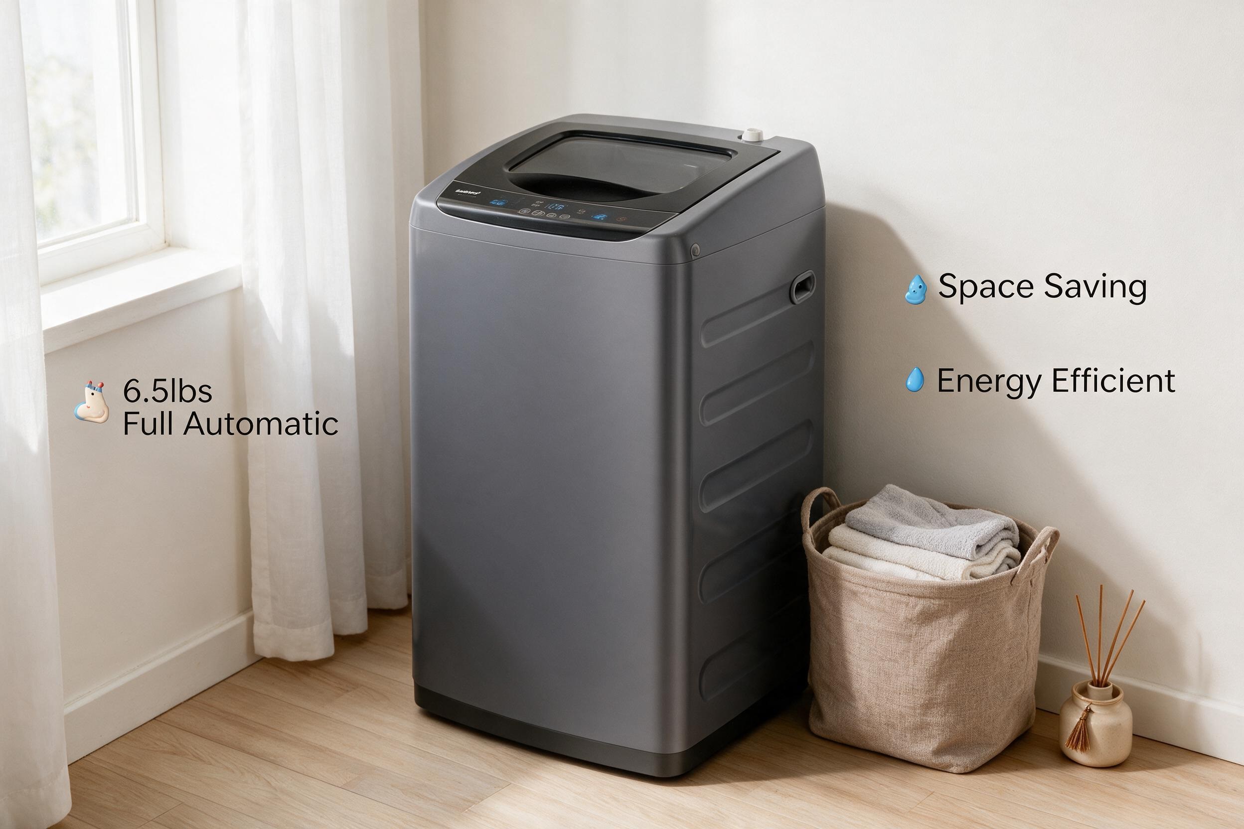 A compact grey top-loading washing machine placed next to a laundry basket near a window, with text highlighting it as a 6.5lbs fully automatic, space-saving, and energy-efficient appliance.