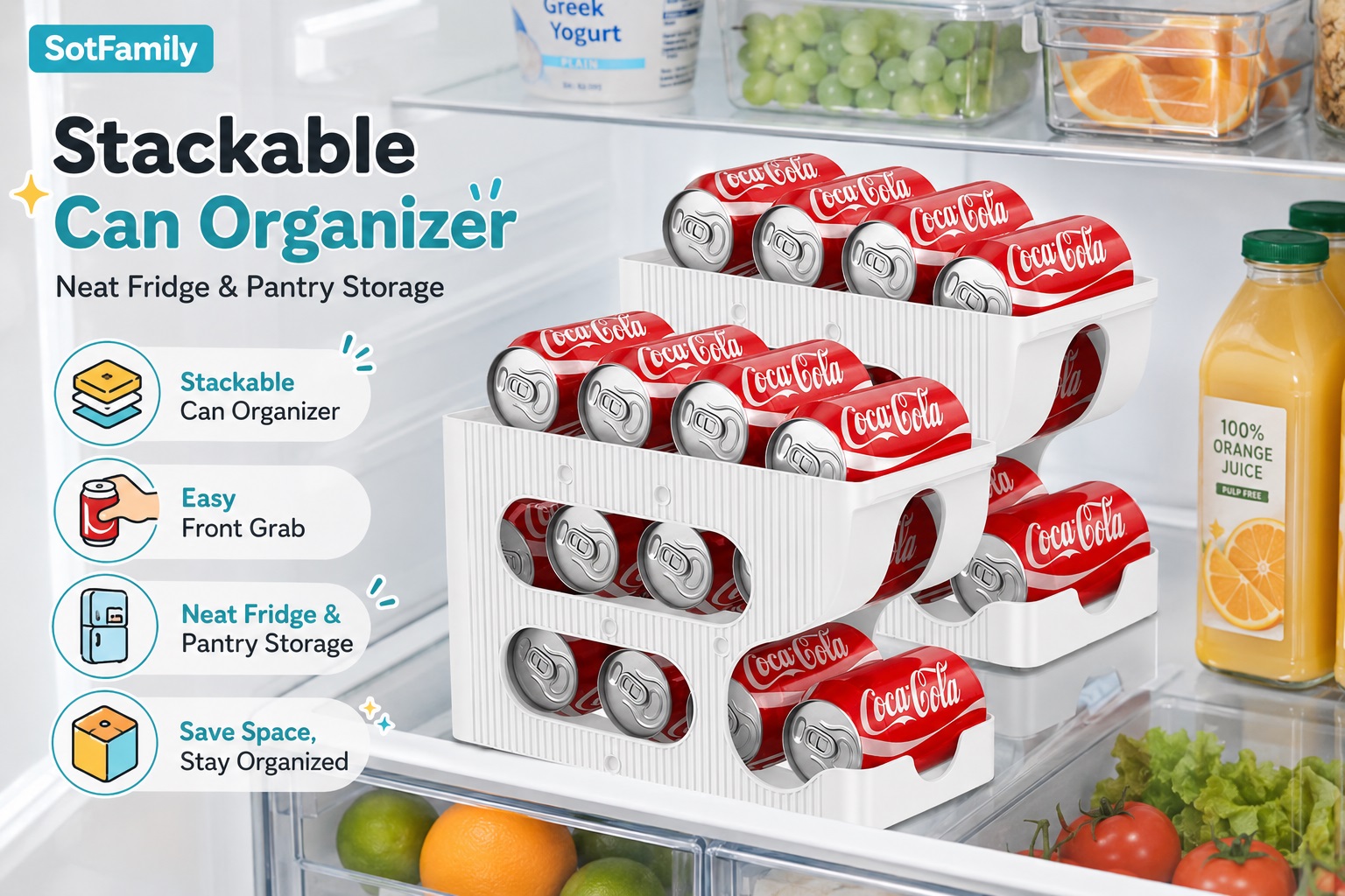 Sotfamily stackable can organizer placed inside a refrigerator, featuring a white multi-tier storage rack holding Coca-Cola cans neatly. Highlights space-saving fridge organization, easy access, and smart kitchen storage solutions.