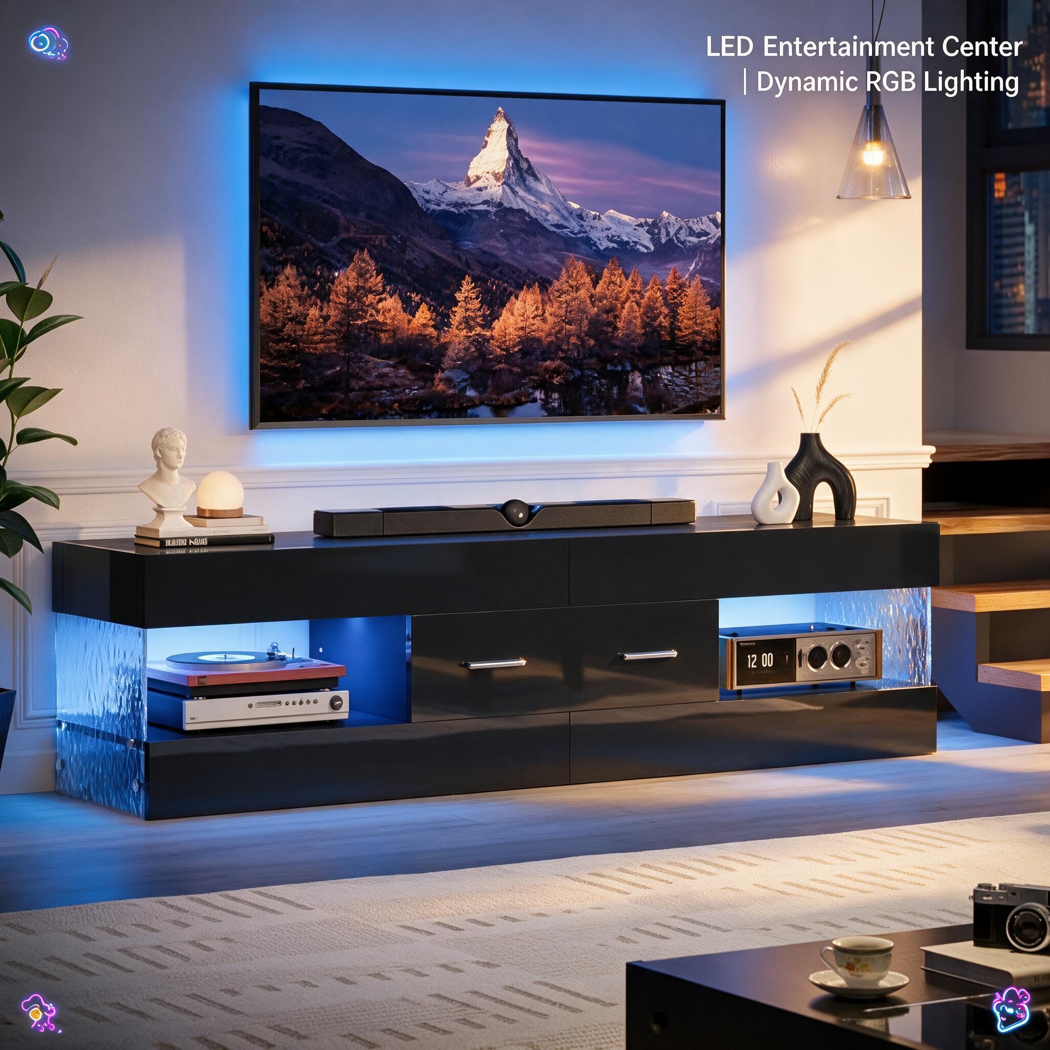 Bestier black modern LED TV stand featuring a television, soundbar, and blue RGB lighting effects, showcasing a stylish entertainment center with open storage shelves, high-gloss finish, and a cinematic living room atmosphere.