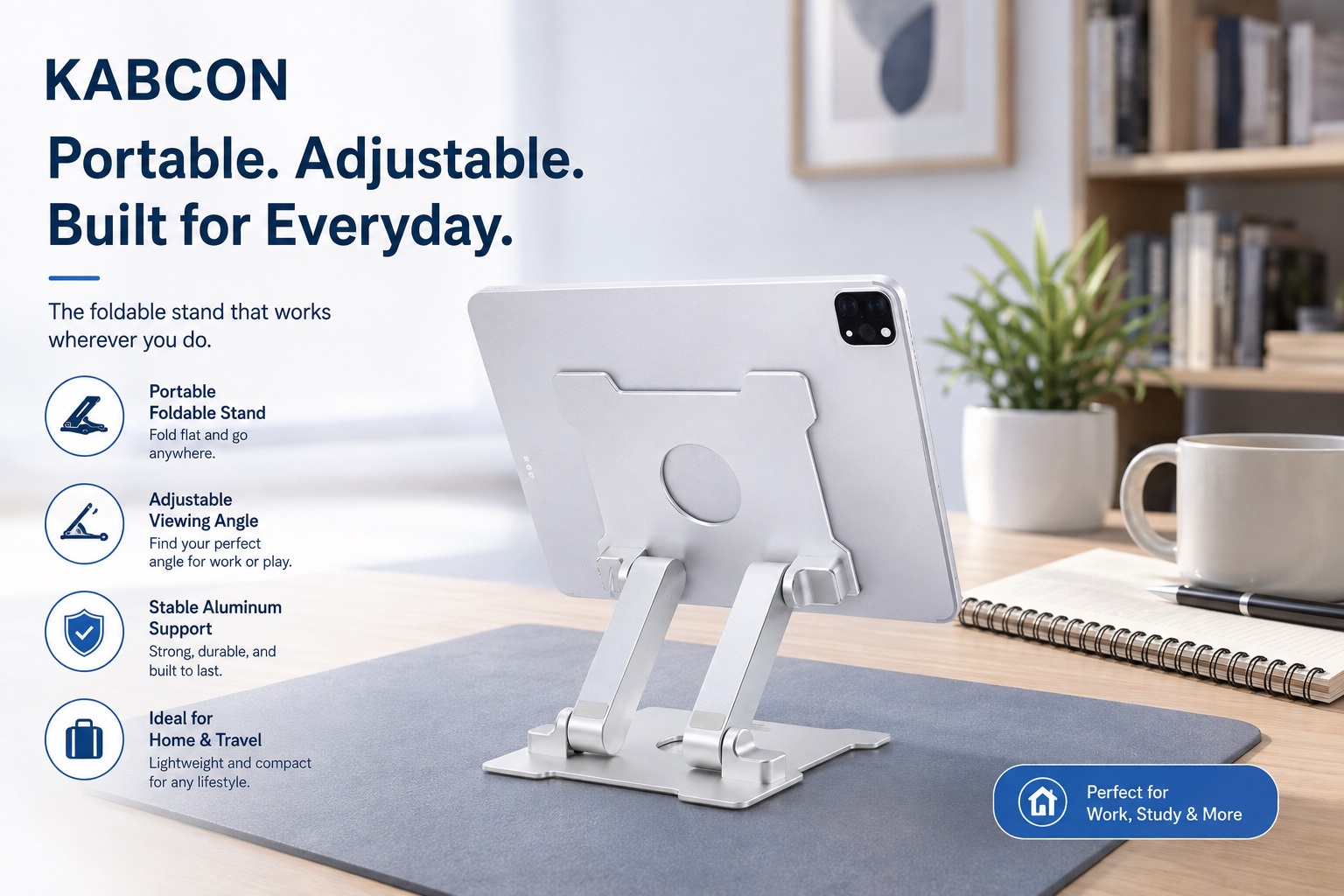 KABCON portable adjustable tablet stand displayed on a modern desk setup. The foldable aluminum stand features adjustable viewing angles, stable support, lightweight design, and is ideal for home office, study, travel, and everyday device use.