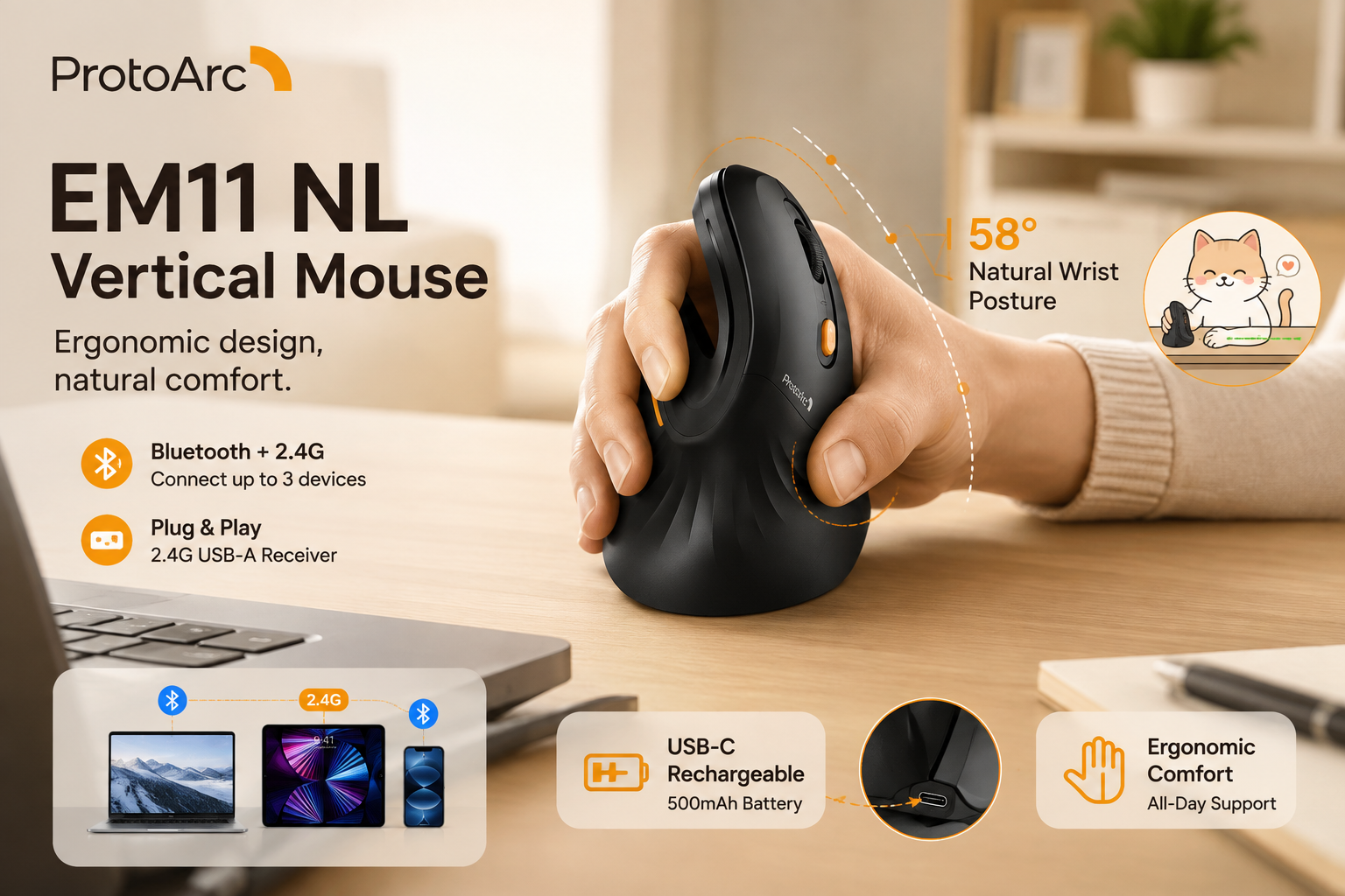 ProtoArc EM11 NL black vertical ergonomic mouse in use on a warm home-office desk, highlighting a 58° natural wrist posture, Bluetooth and 2.4G three-device connectivity, USB-C charging, and a 500mAh rechargeable battery.