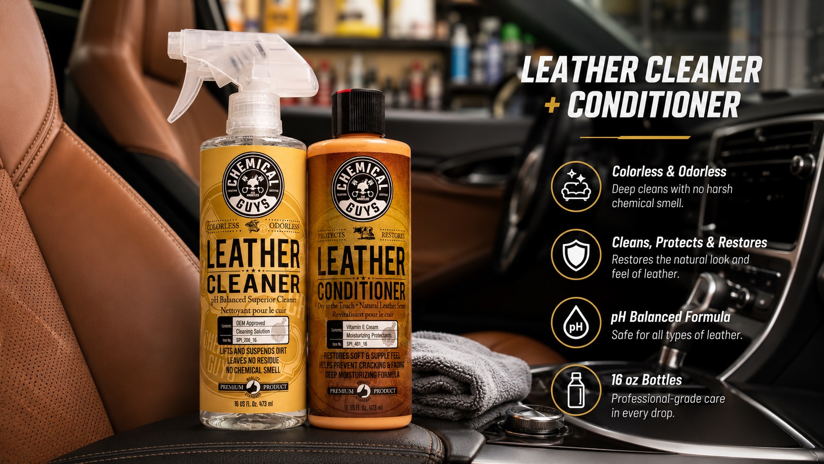 Two Chemical Guys leather care bottles (Cleaner spray and Conditioner lotion) sitting on a vehicle's brown leather seat, with a blurred car interior background. The text "LEATHER CLEANER + CONDITIONER" and feature icons are prominent.