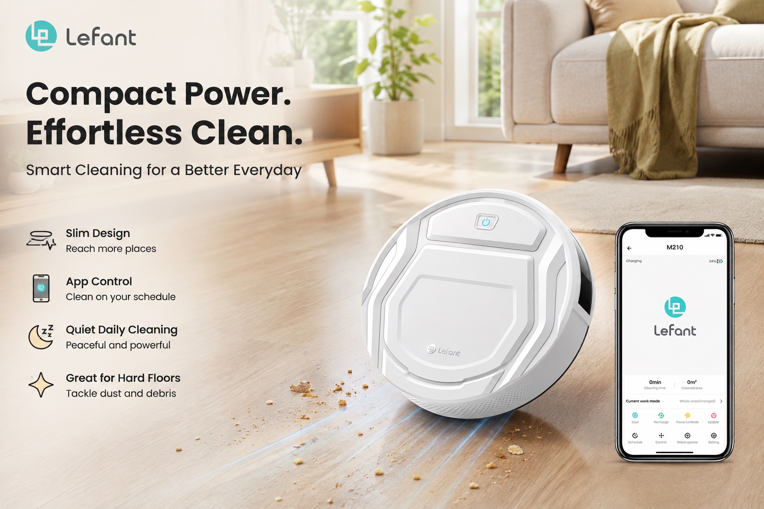 Lefant white robot vacuum cleaner displayed in a bright modern living room on a wooden floor, paired with a smartphone app interface. The image highlights its compact design, smart cleaning features, scheduled control, and efficient performance on hard floors.