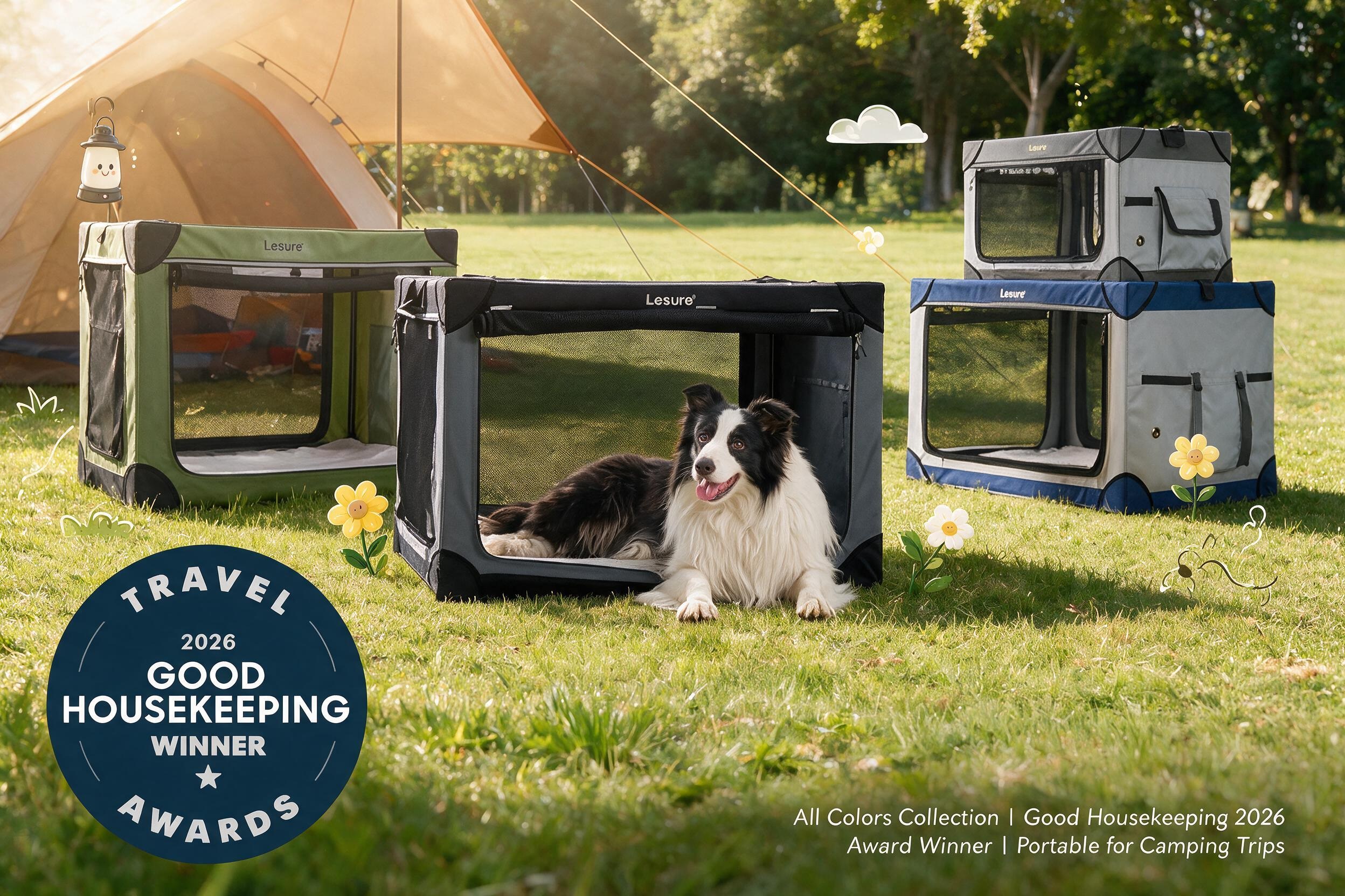 Lesure portable soft-sided pet crates showcased at an outdoor campsite, featuring multiple color options with a border collie relaxing inside, demonstrating breathable mesh windows, portable design, and travel-friendly comfort for camping adventures.
