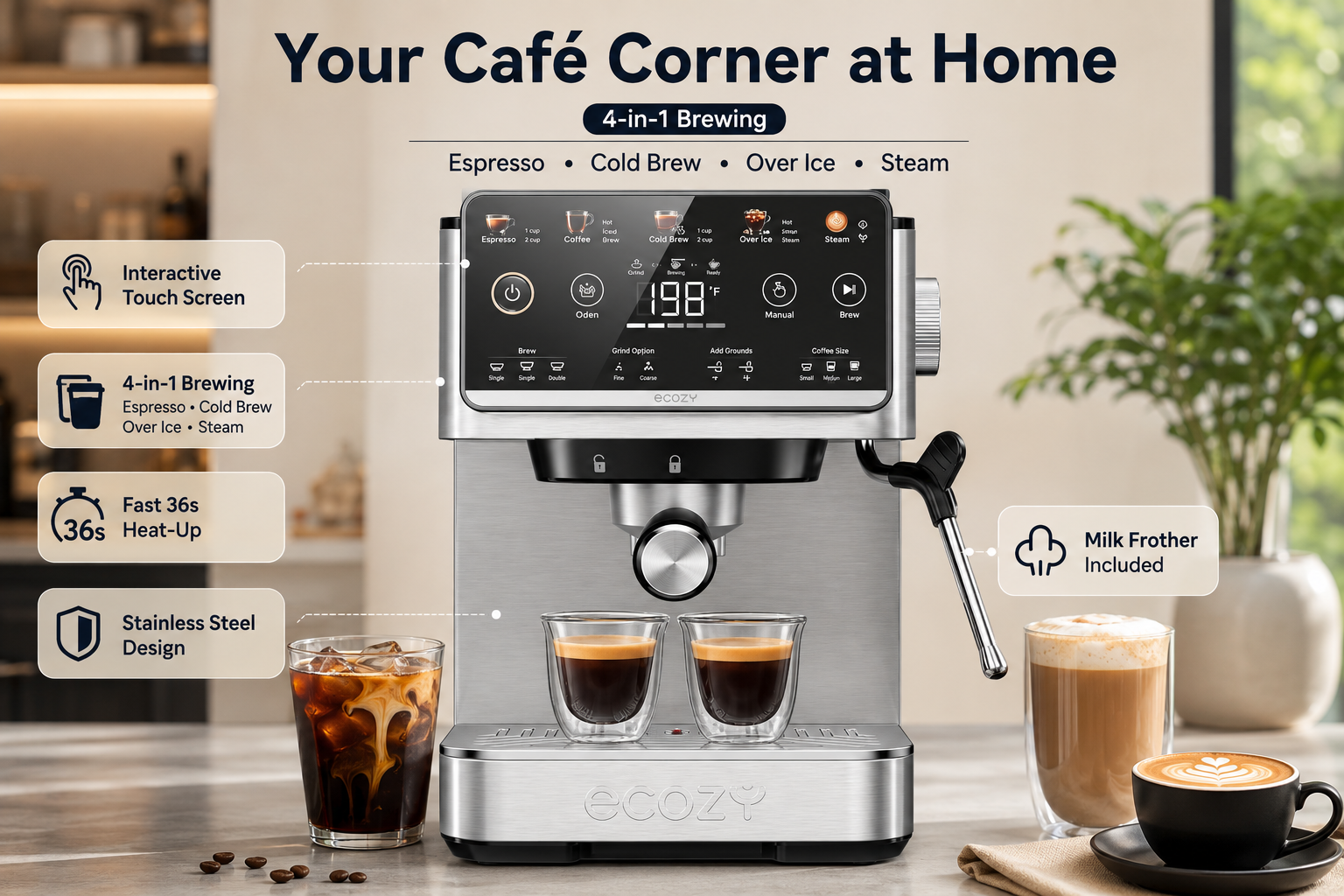 ecozy 4-in-1 stainless steel espresso machine in a stylish home coffee corner, with a large interactive touchscreen, steam wand, two espresso shots, iced coffee, and latte drinks, highlighting espresso, cold brew, over-ice, and steam functions.