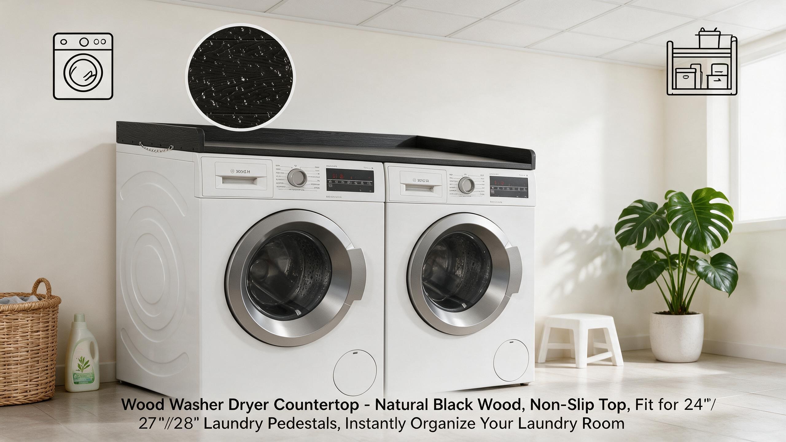 Modern laundry room featuring a black wood washer dryer countertop cover installed on top of front-loading machines. The non-slip surface creates extra organization space for laundry supplies while enhancing the room’s clean and stylish appearance.