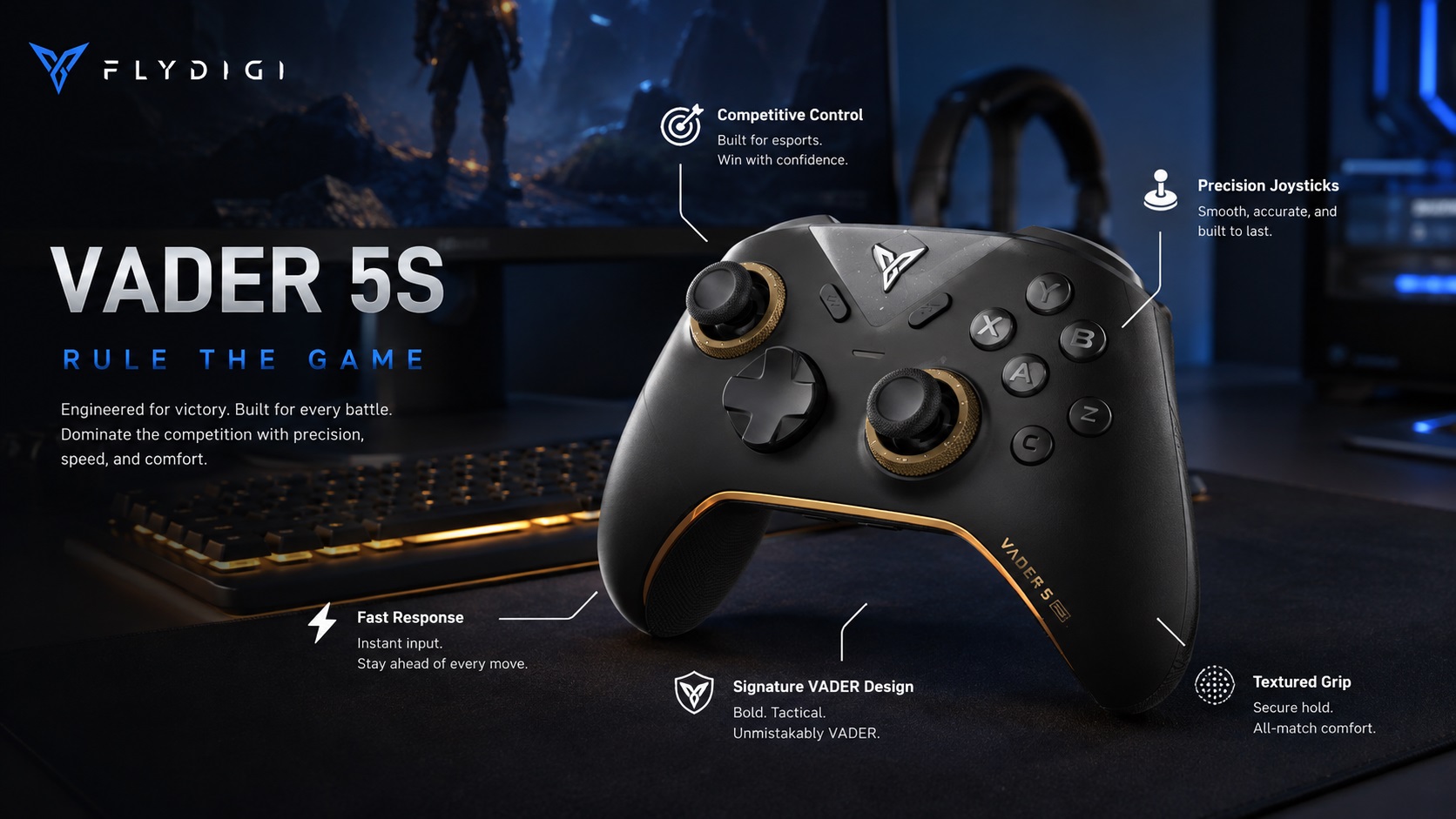 FLYDIGI VADER 5S professional gaming controller promotional image featuring a black ergonomic design, gold joystick rings, orange accent trim, and competitive gaming aesthetics. The graphic highlights key features including Competitive Control, Precision Joysticks, Fast Response, Signature VADER Design, and Textured Grip in a futuristic gaming environment.