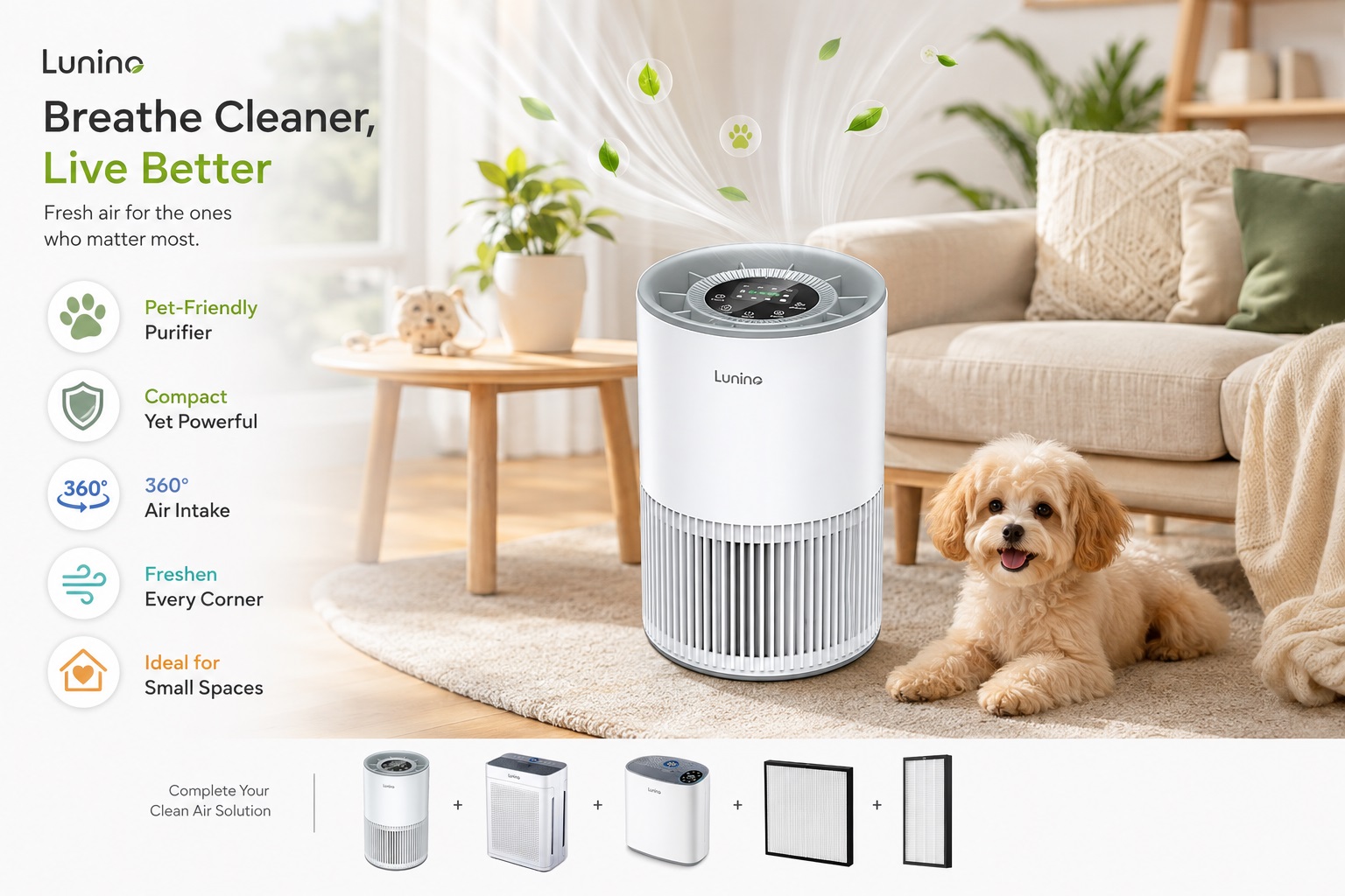 Lunino compact cylindrical air purifier placed in a cozy pet-friendly home environment. The image highlights 360° air intake, compact design, fresh air circulation, and pet-friendly purification with a cute dog beside the purifier.