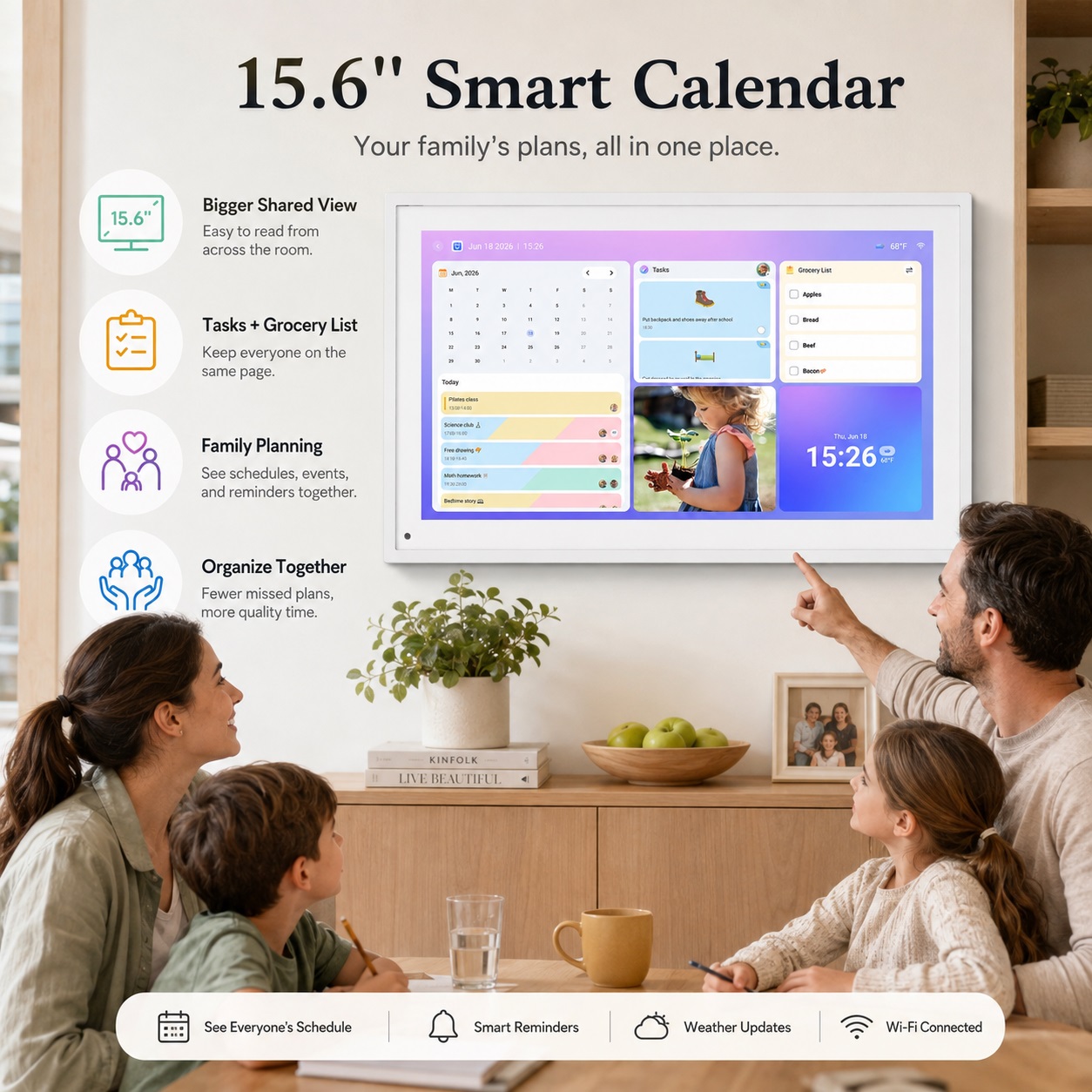 BSIMB 15.6-inch smart digital calendar mounted in a modern family living room, with family members viewing schedules, tasks, grocery lists, and reminders together. The image showcases a large shared display, family planning, smart reminders, and collaborative home organization.