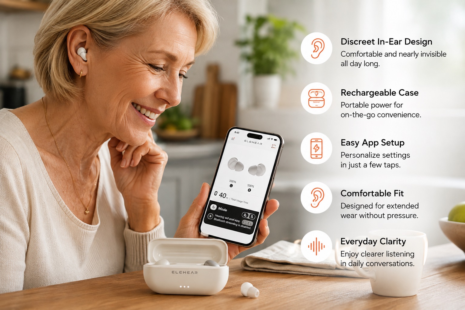 ELEHEAR in-ear hearing aids featured in a bright home setting with a user wearing the device and checking the smartphone app. The image highlights discreet design, rechargeable case, easy setup, comfortable fit, and clearer daily listening.